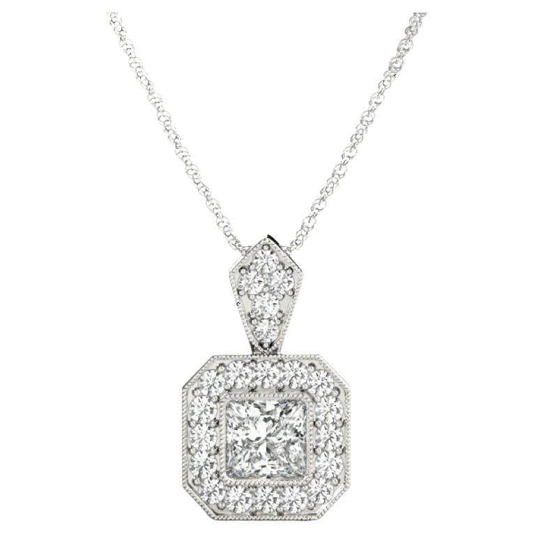 GIA Certified 1.74 Carat Princess Diamond Milgrain Halo White Gold Pendant For Sale