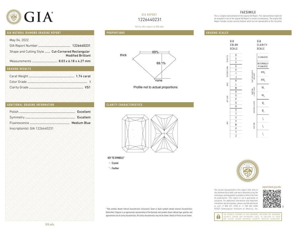 Contemporary GIA Certified 1.74 Carat Radiant & Baguette Three-Stone Diamond Ring For Sale