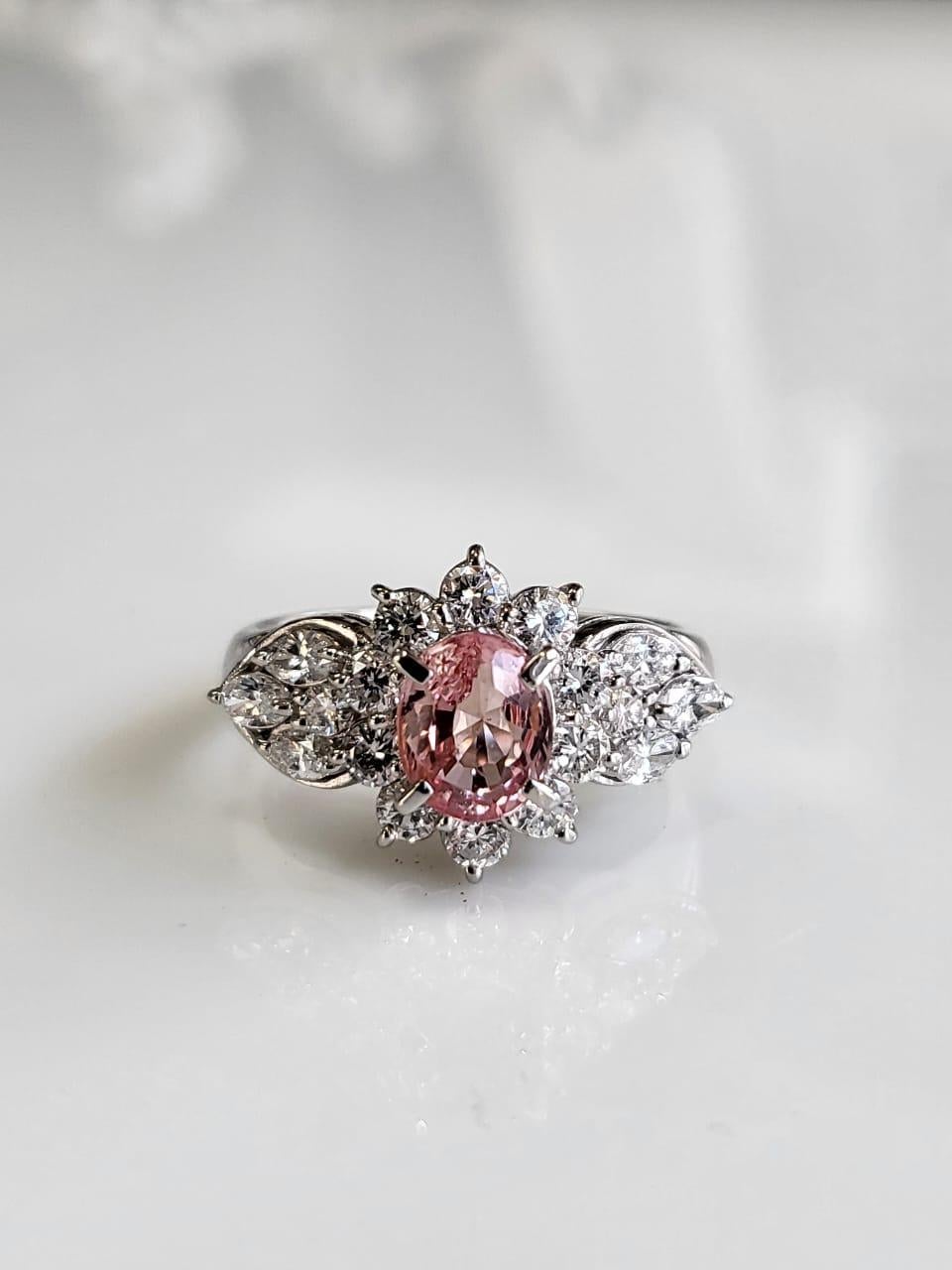 Modern GIA Certified, 1.74 carats, No - Heat Padparadscha & Diamonds Engagement Ring  For Sale