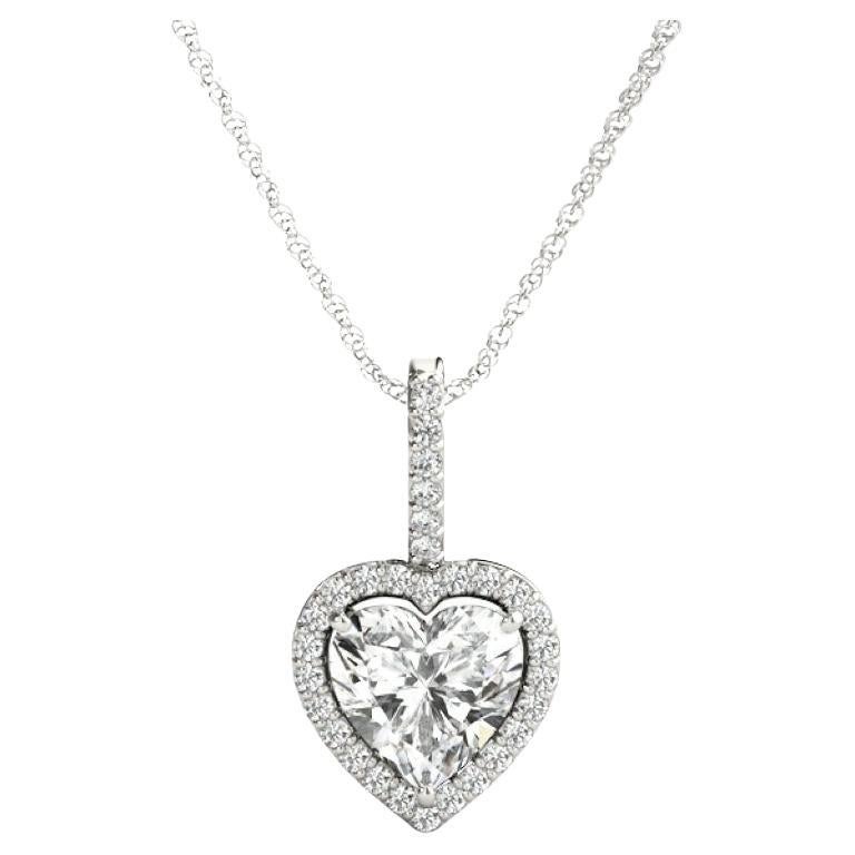 GIA Certified 1.74ct Heart Diamond Halo White White Gold Pendant Necklace For Sale