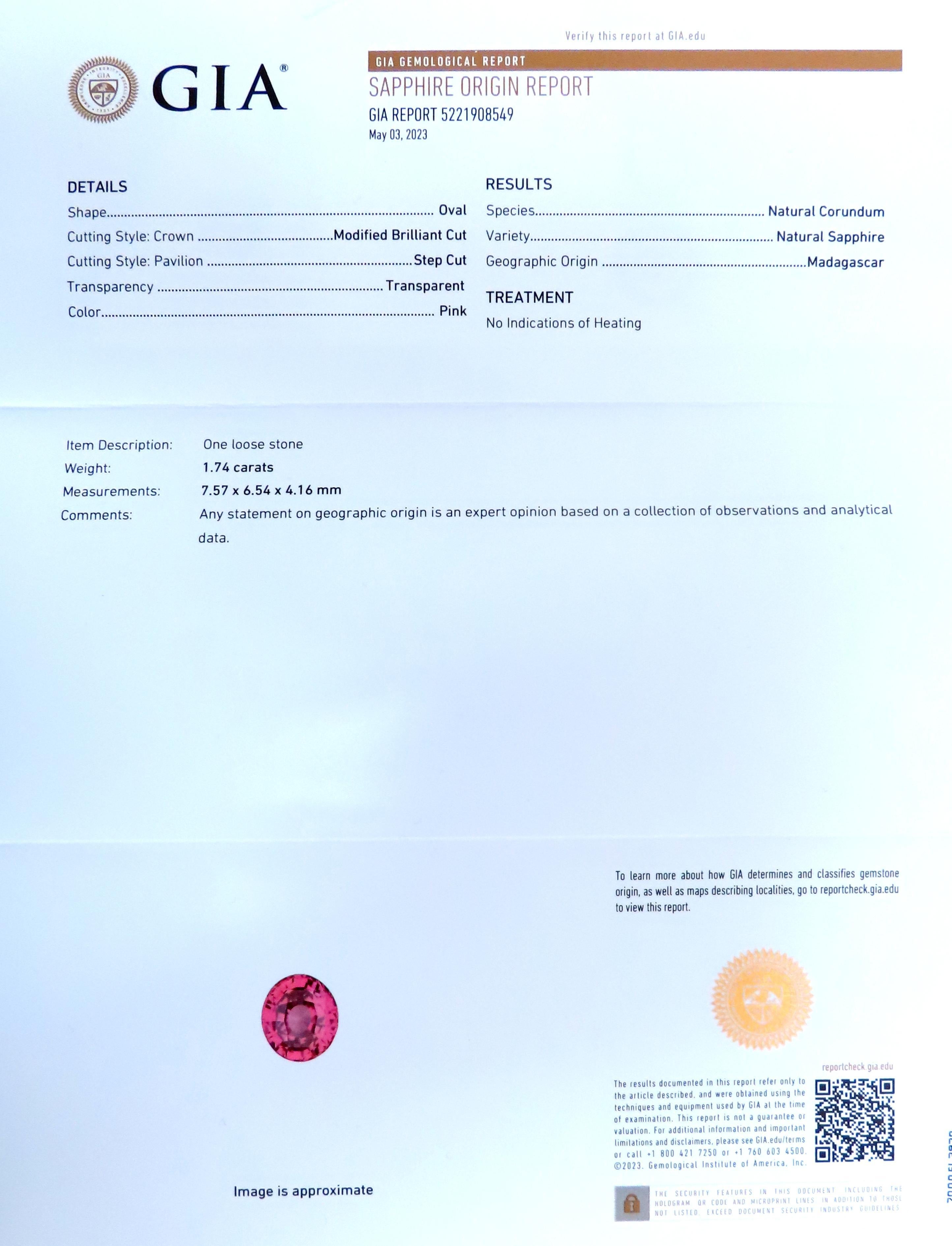 Women's Gia Certified 1.74ct Natural Pink Sapphire Ring 18kt Gold 12411 For Sale