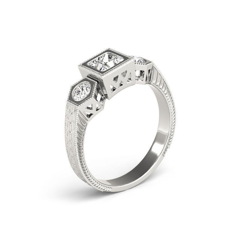 GIA Certified 1.74ct Princess Three-Stone Geometric Bezel Platinum Diamond Ring (bague à trois pierres avec chaton géométrique en platine) Pour femmes en vente