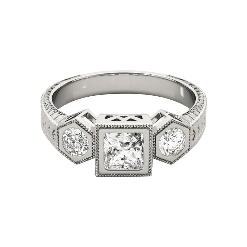 Anello di diamanti in platino con castone geometrico certificato GIA da 1,74ct Princess a tre pietre