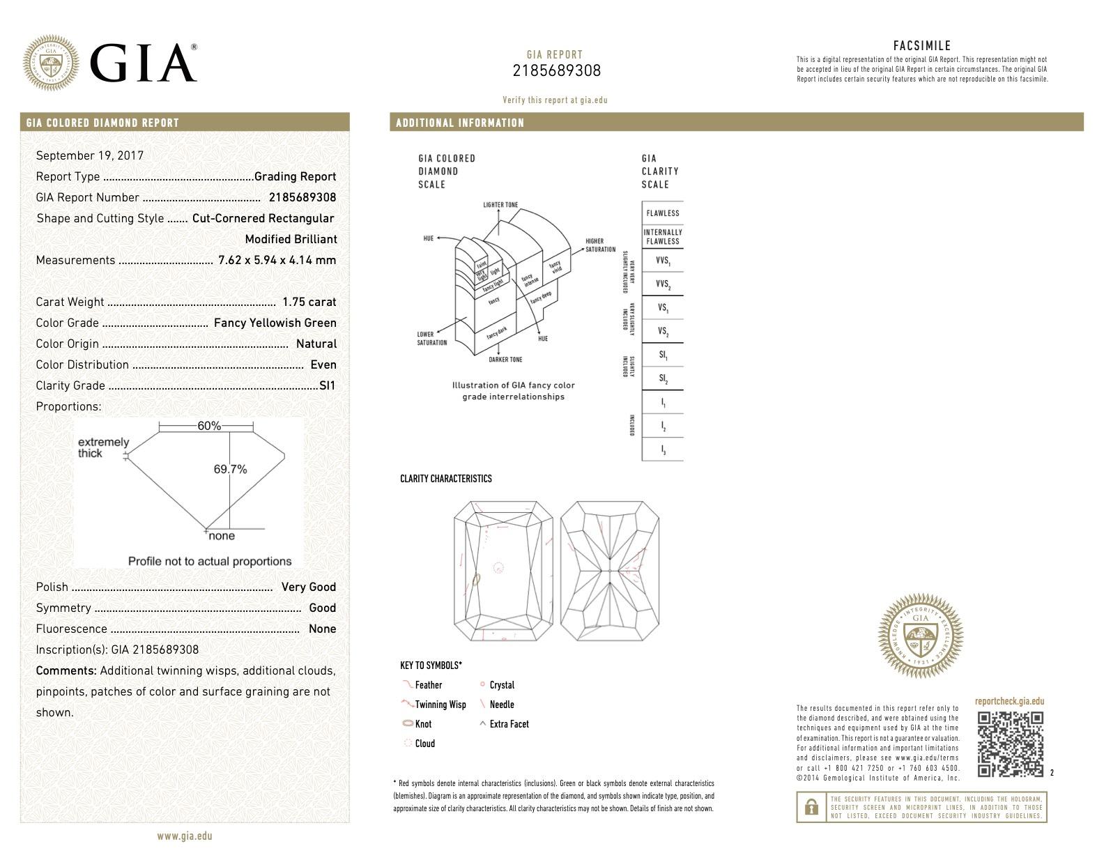 GIA Certified 1.75 Carat Radiant Fancy Yelowish Green Diamond Ring 1