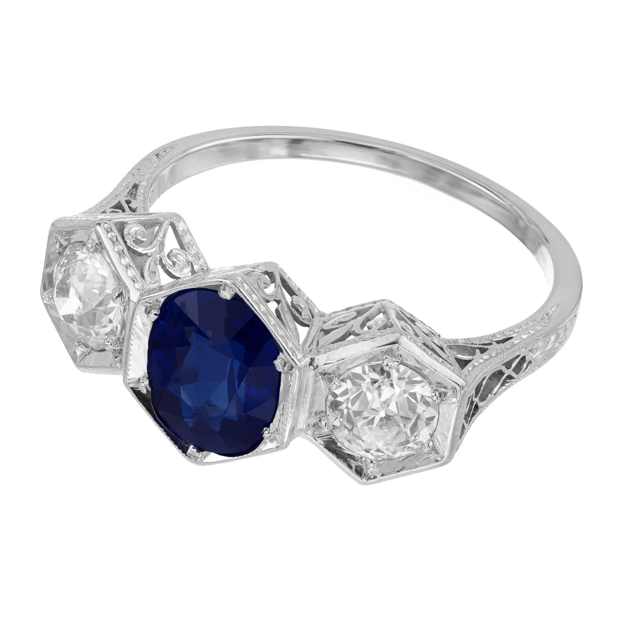 Oval Cut GIA Certified 1.75 Carat Sapphire Diamond Three-Stone Engagement Platinum Ring