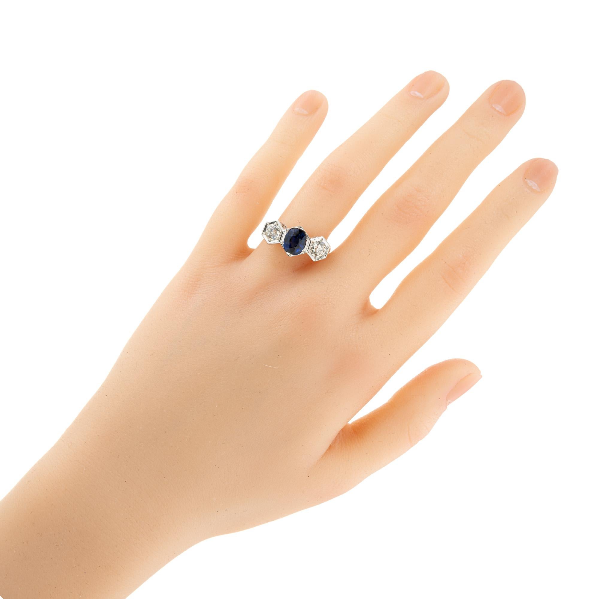GIA Certified 1.75 Carat Sapphire Diamond Three-Stone Engagement Platinum Ring 2