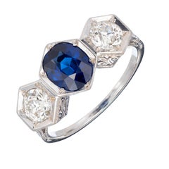 Antique GIA Certified 1.75 Carat Sapphire Diamond Three-Stone Engagement Platinum Ring