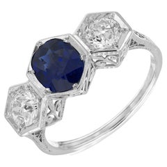 GIA Certified 1.75 Carat Sapphire Diamond Three-Stone Engagement Platinum Ring