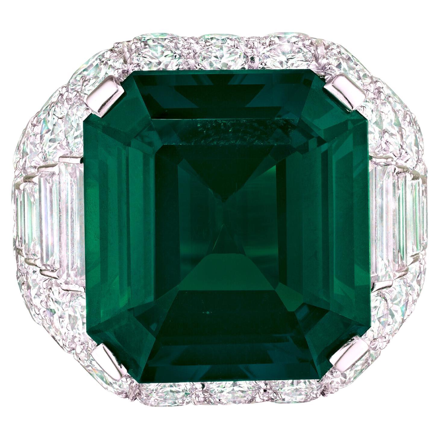GIA Certified 17.52 Carat Minor Oil Emerald Platinum Ring