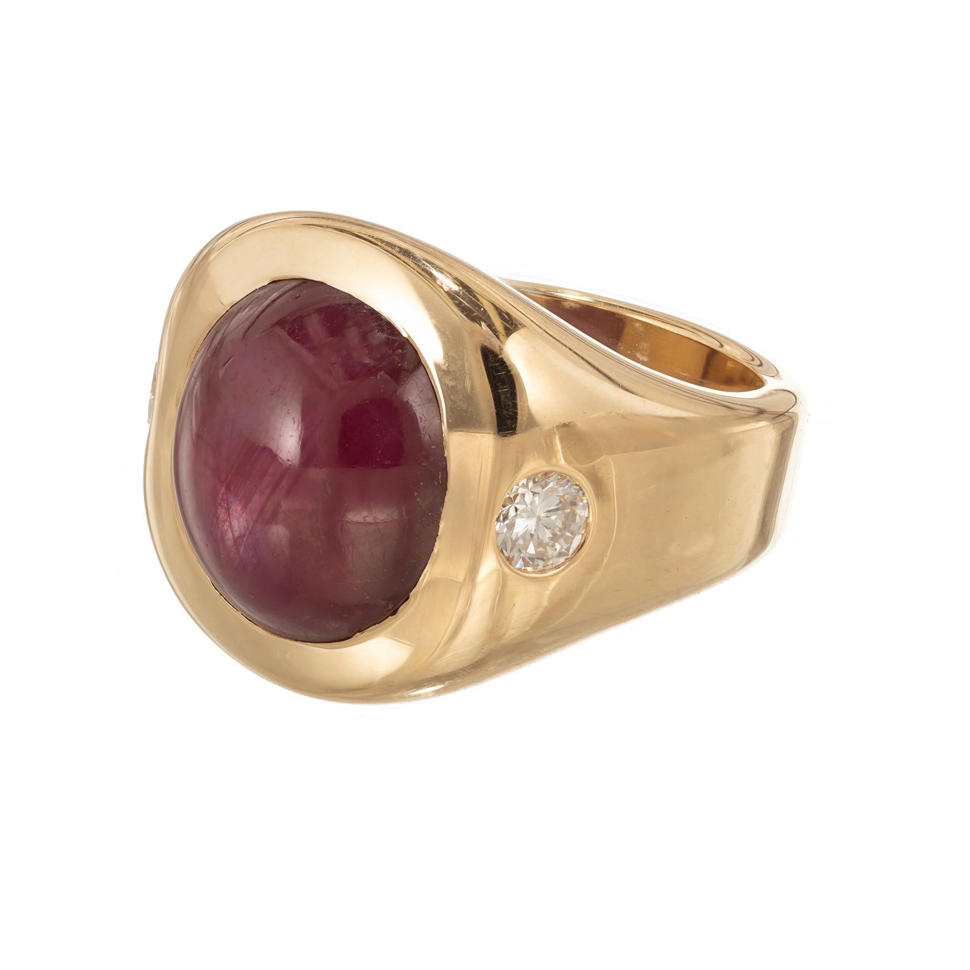 Natural GIA Certified 17.55 carat star oval ruby ring. GIA certified oval ruby center gemstone in a classic gypsy style 18k yellow gold setting.  

1 oval red MI star ruby displaying Asterism, Approximate 17.55cts GIA Certificate # 2205143891
2