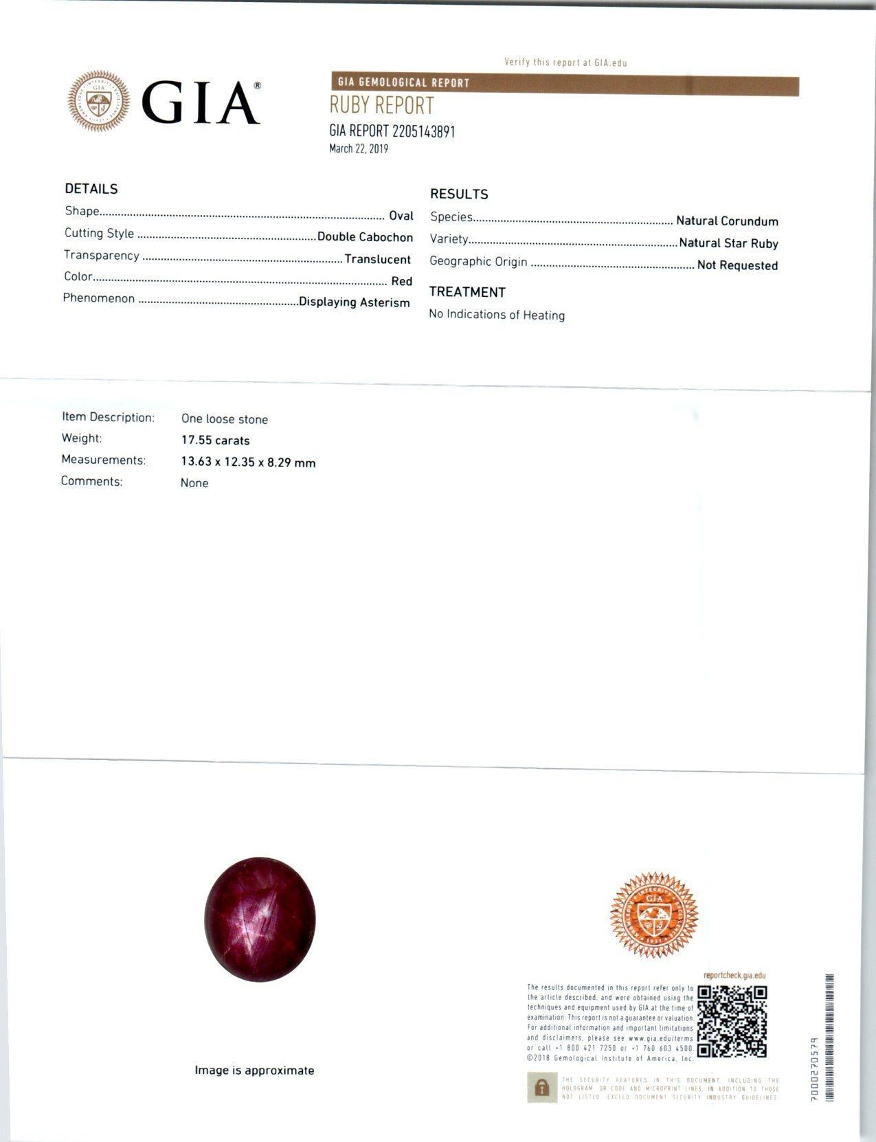 GIA Certified 17.55 Carat Star Ruby Diamond Ring In Excellent Condition For Sale In Stamford, CT