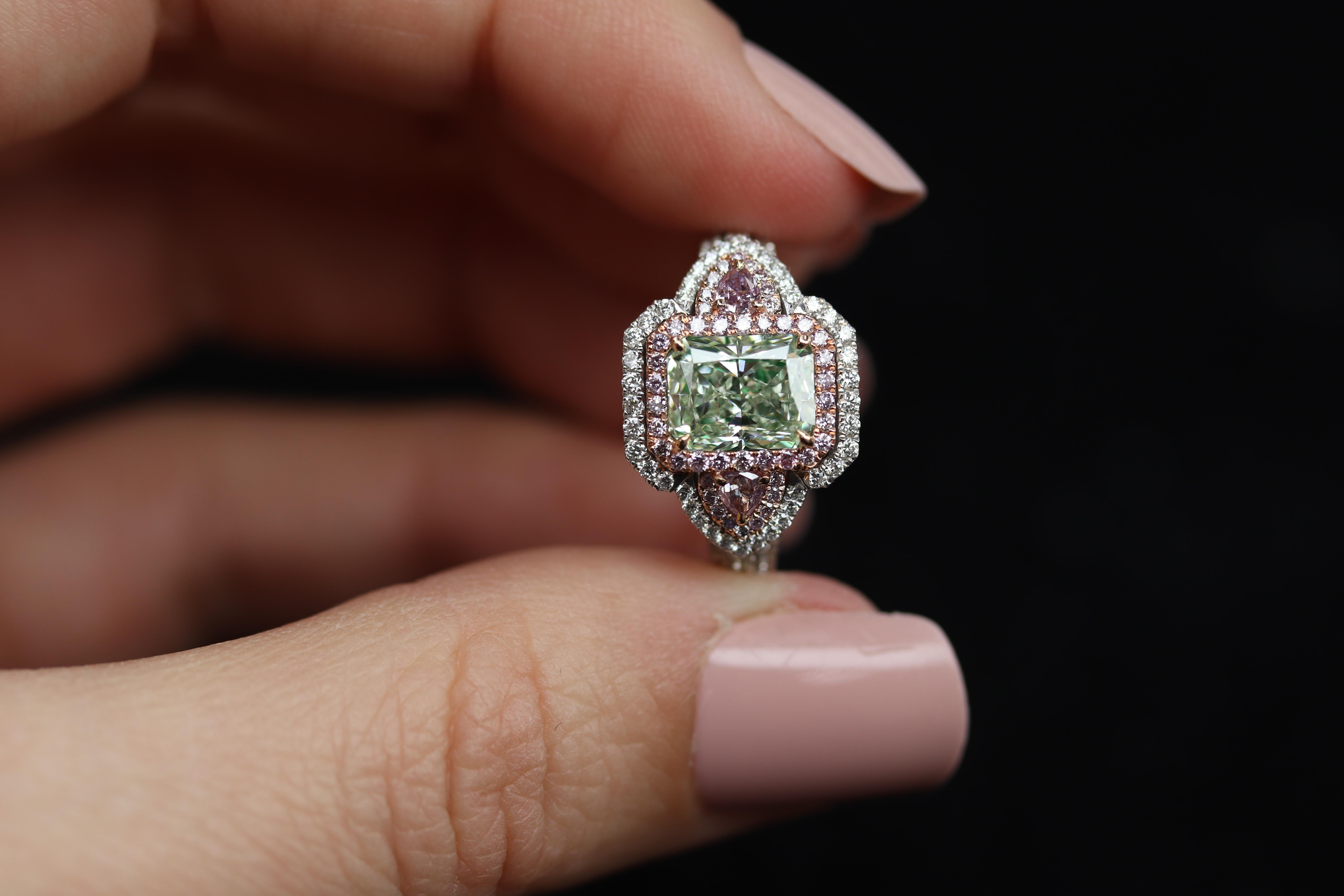 Contemporary GIA Certified 1.75 Carat Radiant Fancy Yelowish Green Diamond Ring
