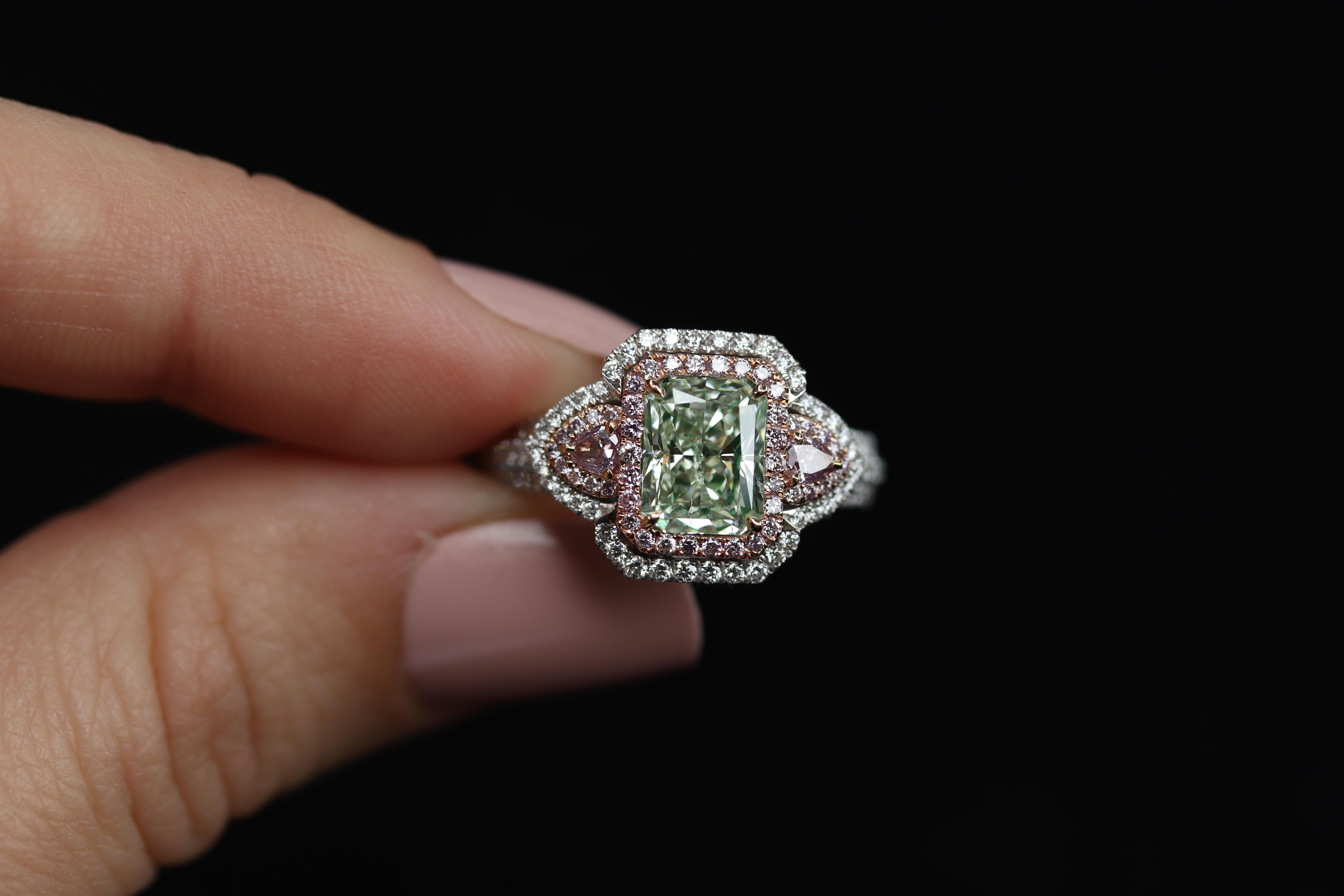 Radiant Cut GIA Certified 1.75 Carat Radiant Fancy Yelowish Green Diamond Ring