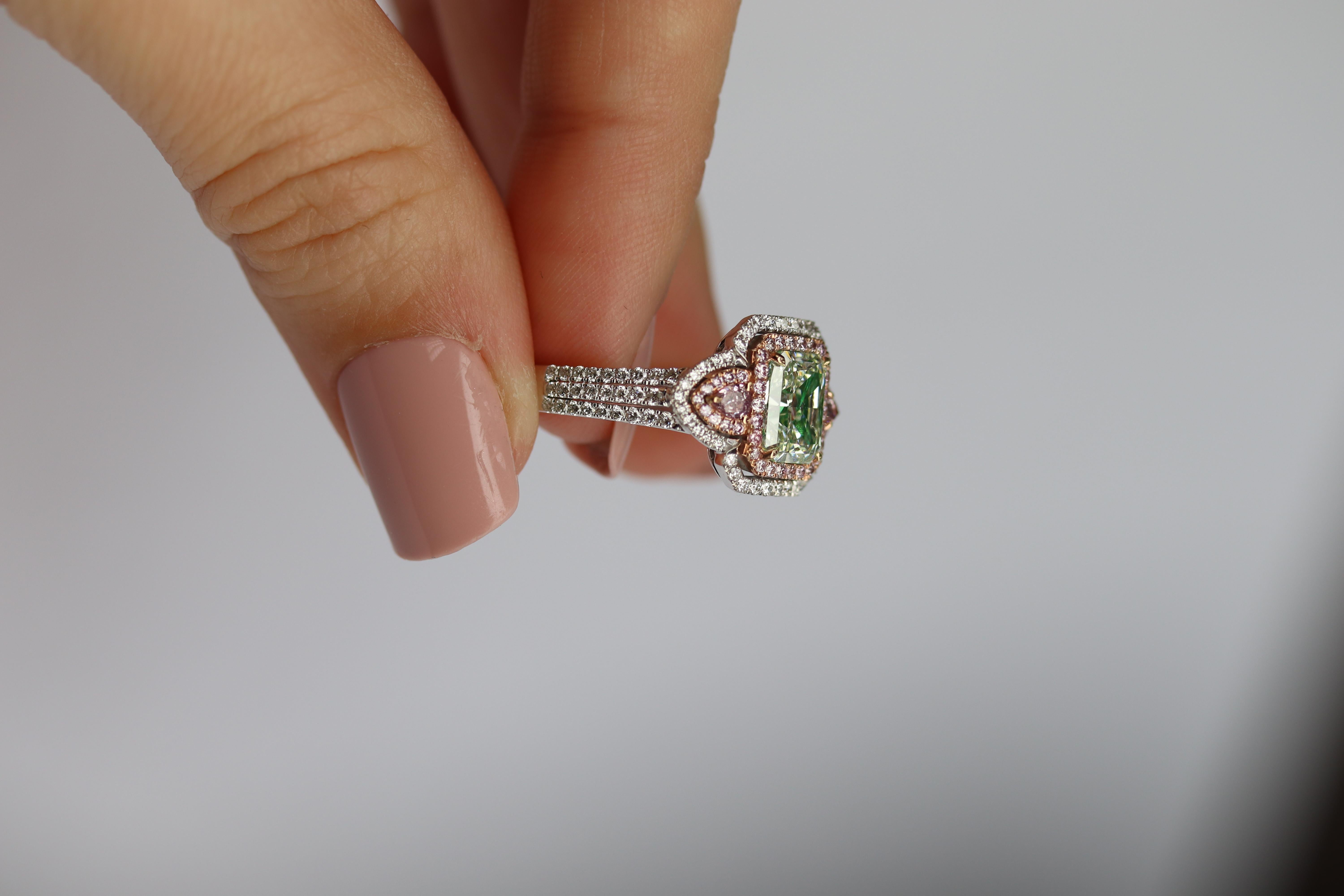 GIA Certified 1.75 Carat Radiant Fancy Yelowish Green Diamond Ring In New Condition In Calabasas, CA