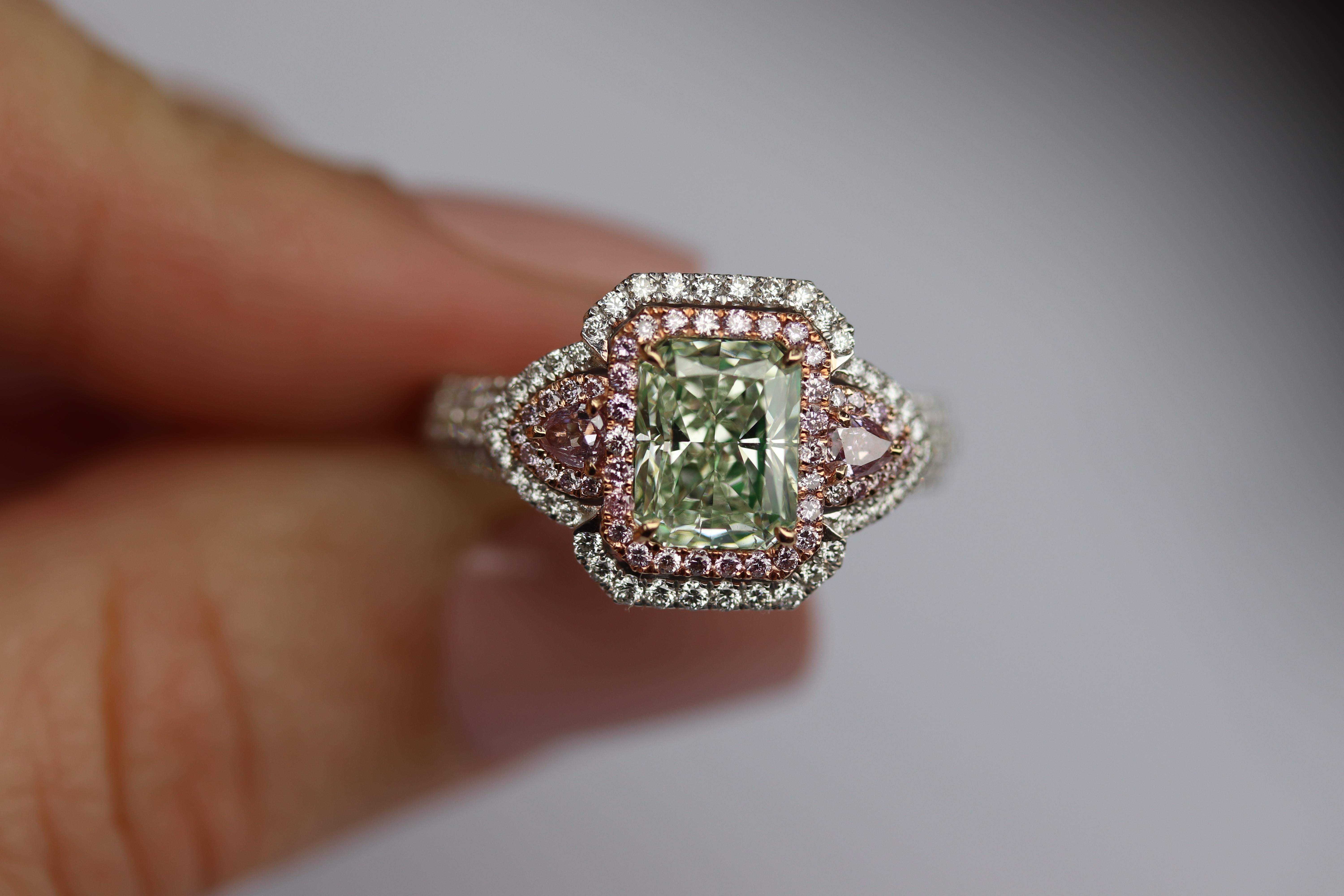 Women's GIA Certified 1.75 Carat Radiant Fancy Yelowish Green Diamond Ring