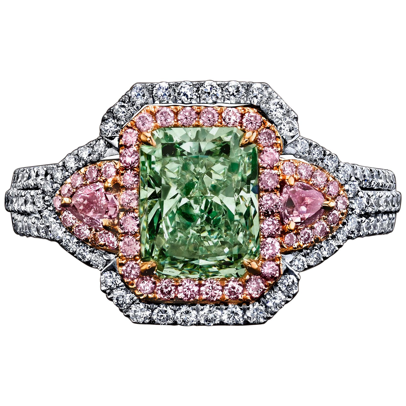 GIA Certified 1.75 Carat Radiant Fancy Yelowish Green Diamond Ring