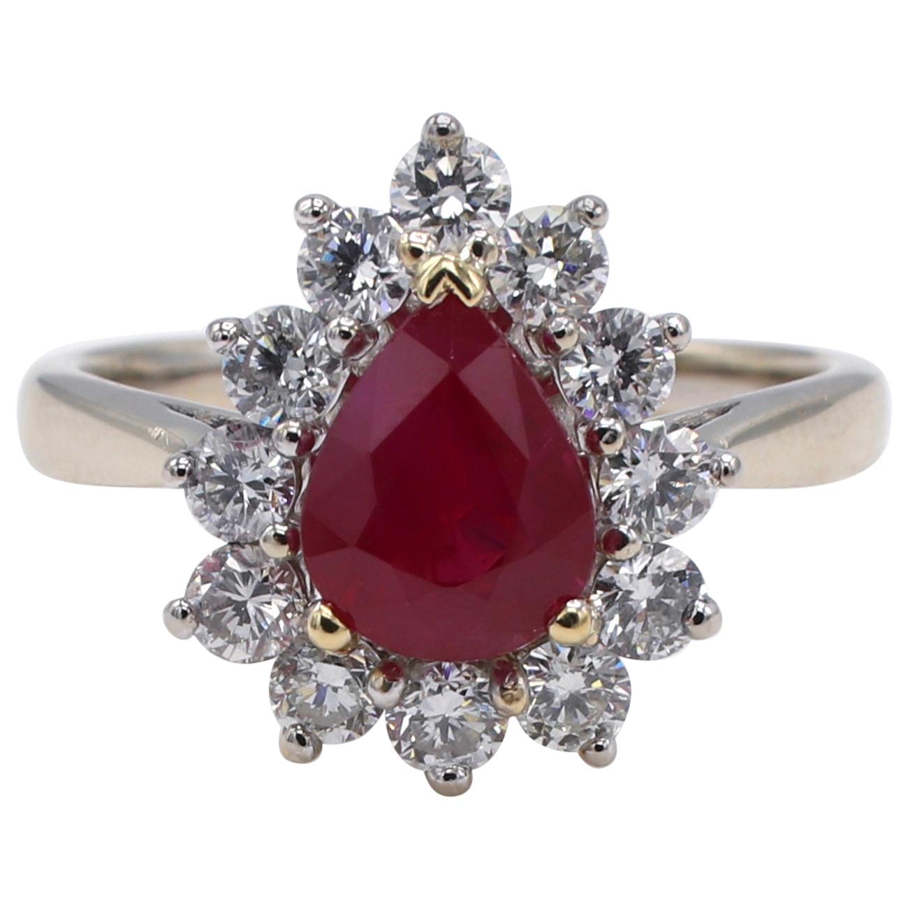 GIA Certified 1.76 Carat Burma Ruby and Diamond Halo Cocktail Ring