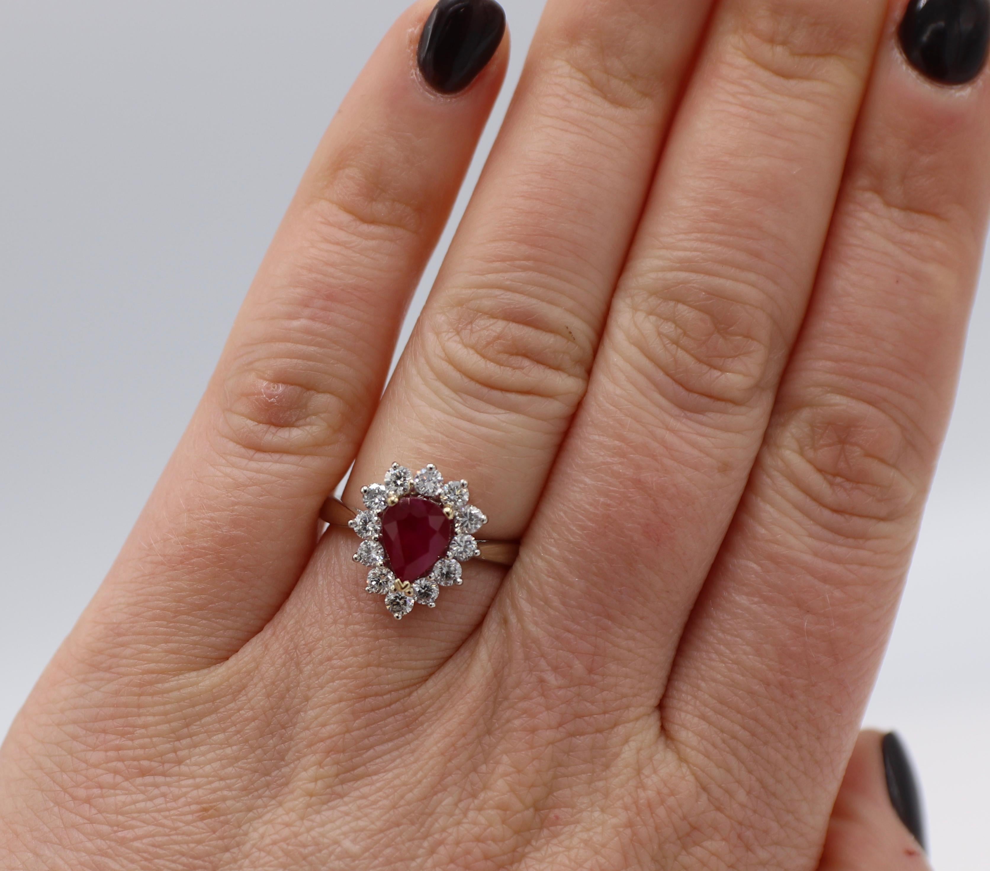Pear Cut GIA Certified 1.76 Carat Burma Ruby and Diamond Halo Cocktail Ring