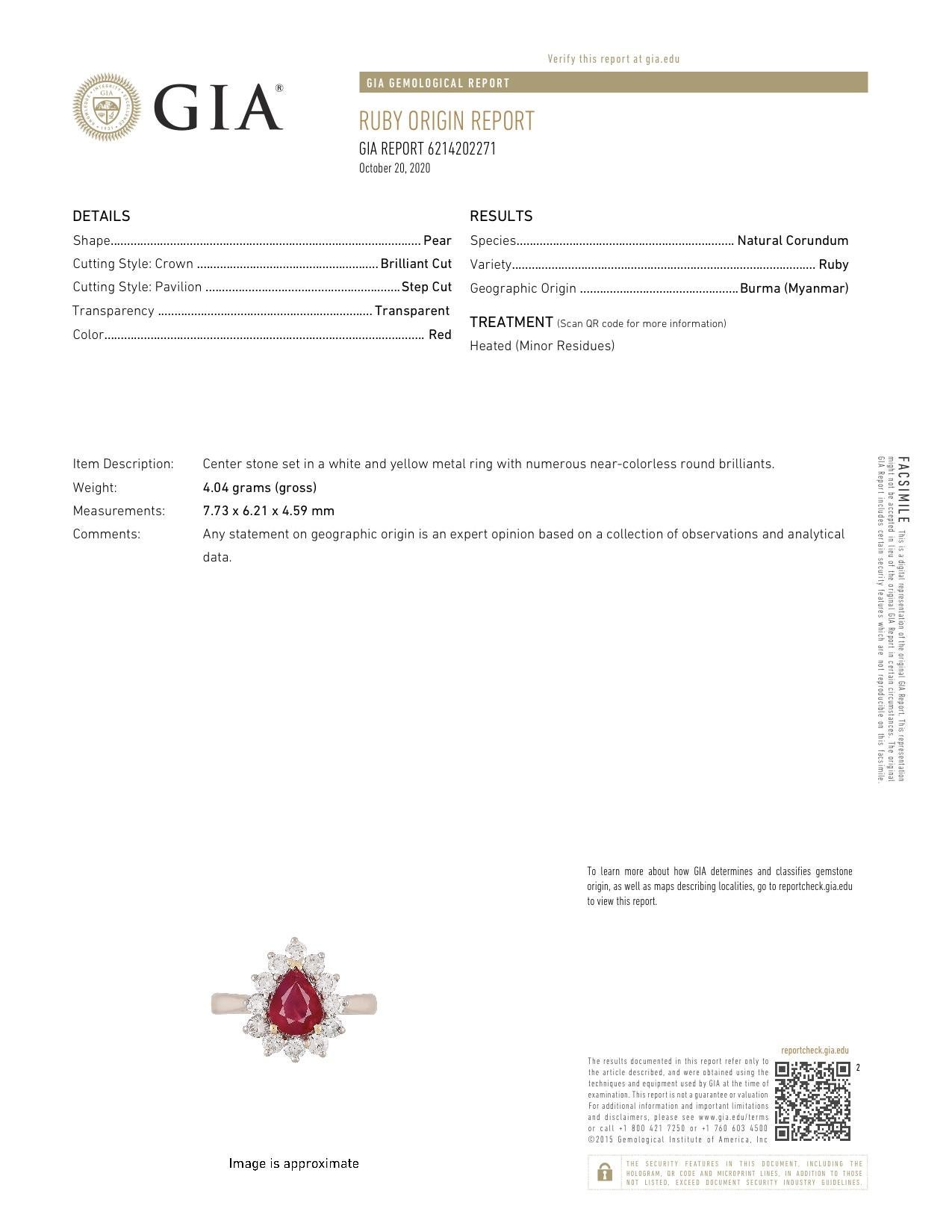GIA Certified 1.76 Carat Burma Ruby and Diamond Halo Cocktail Ring In Excellent Condition In  Baltimore, MD