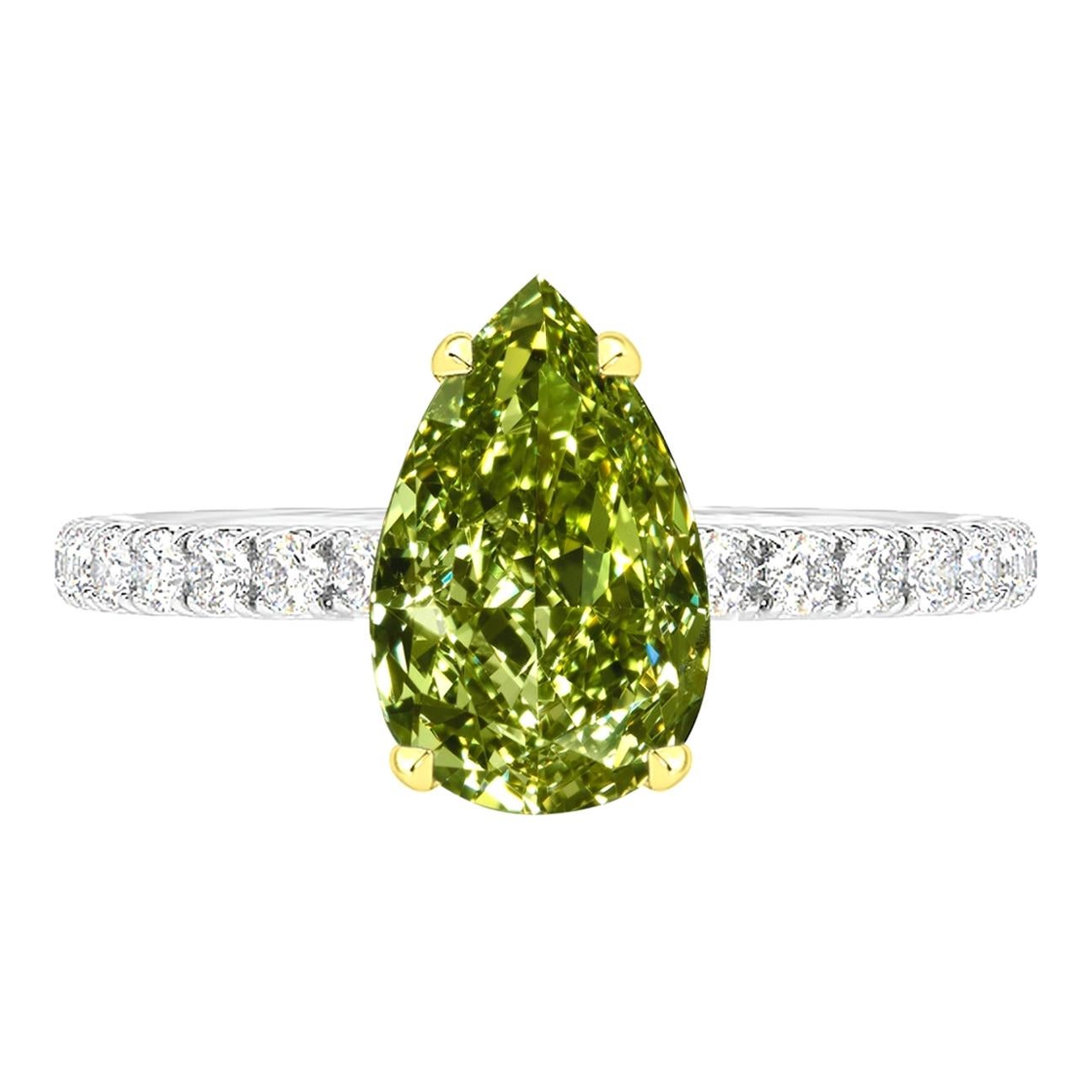 GIA Certified 1.76 Carat Pear Shape Green Diamond Ring For Sale