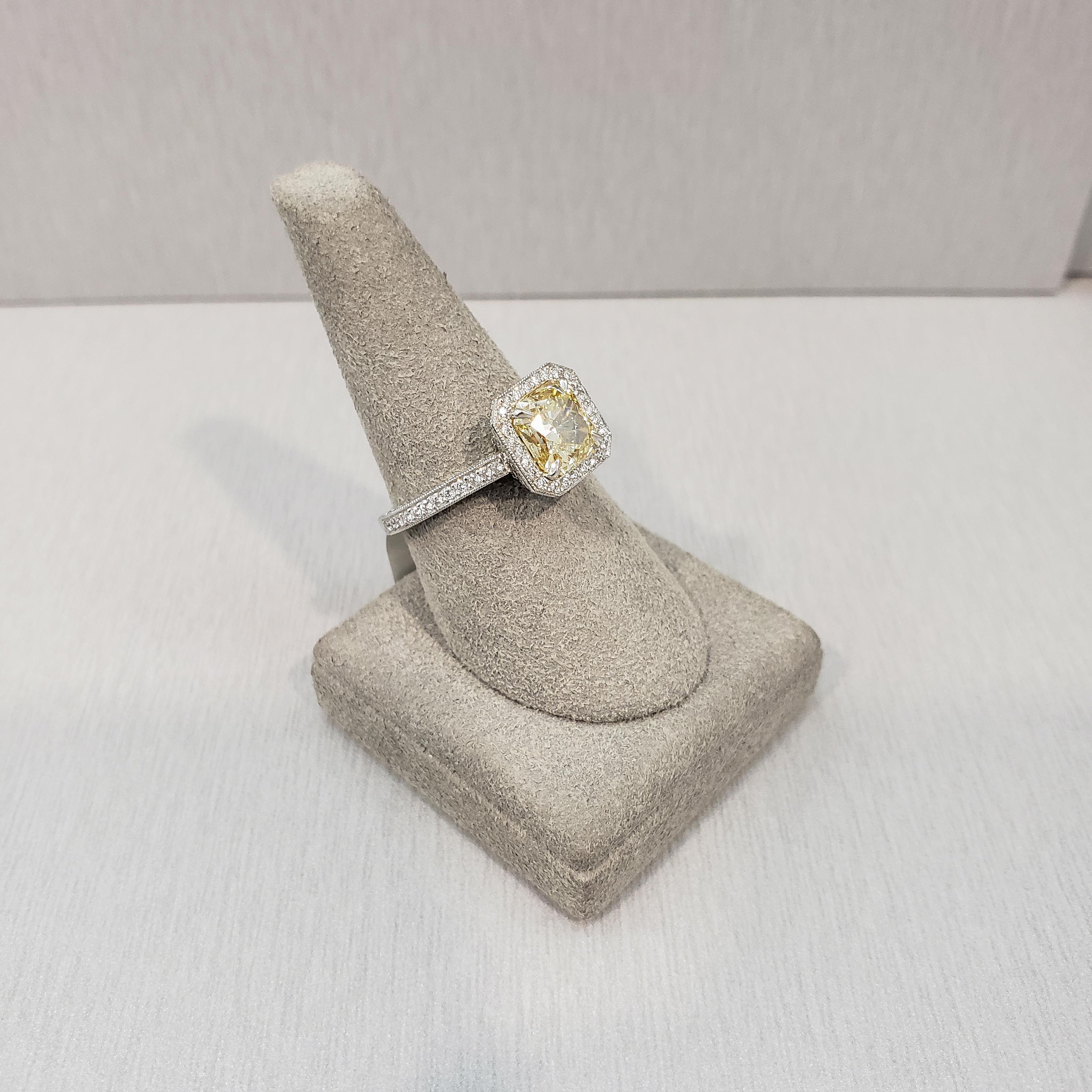 Radiant Cut GIA Certified 1.76 Carats Yellow Diamond Vintage Style Halo Engagement Ring For Sale