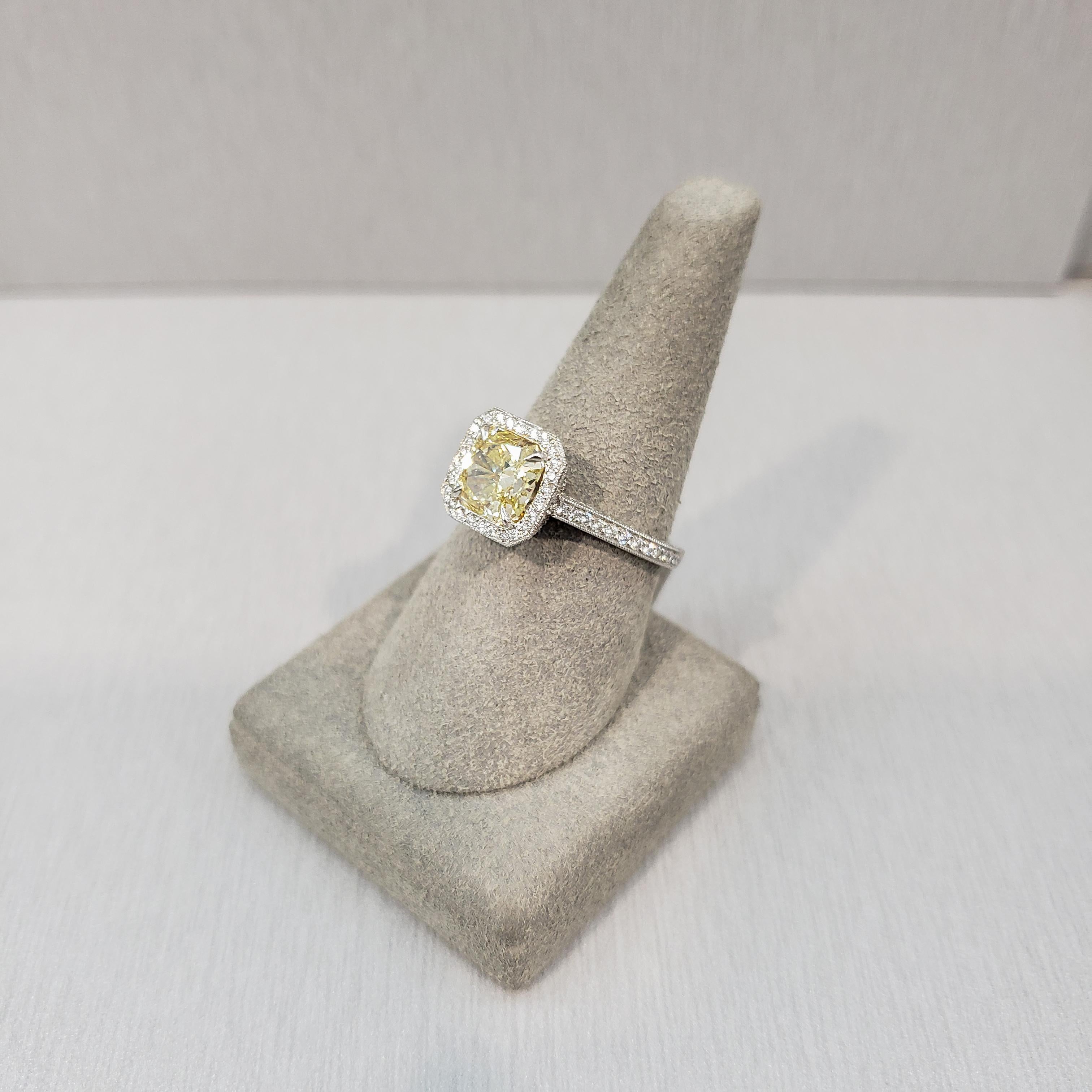 GIA Certified 1.76 Carats Yellow Diamond Vintage Style Halo Engagement Ring In New Condition For Sale In New York, NY