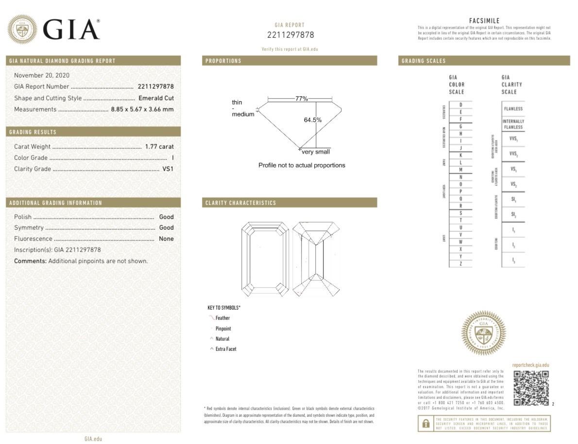 GIA Certified 1.77 Carat Emerald Cut Diamond I / VS1 In New Condition For Sale In Miami, FL