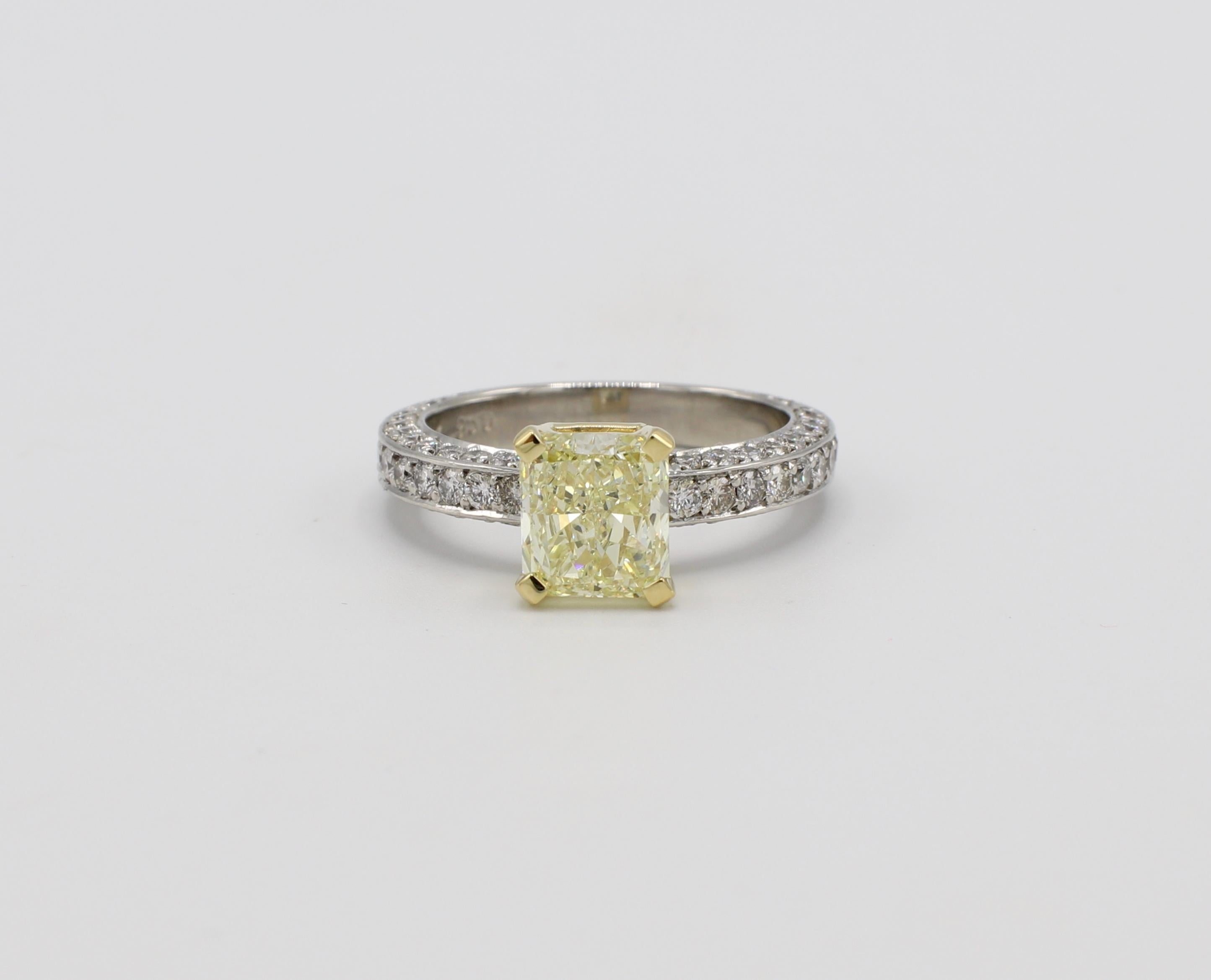 GIA Certified 1.77 Carat Fancy Light Yellow Radiant Diamond Engagement Ring 1