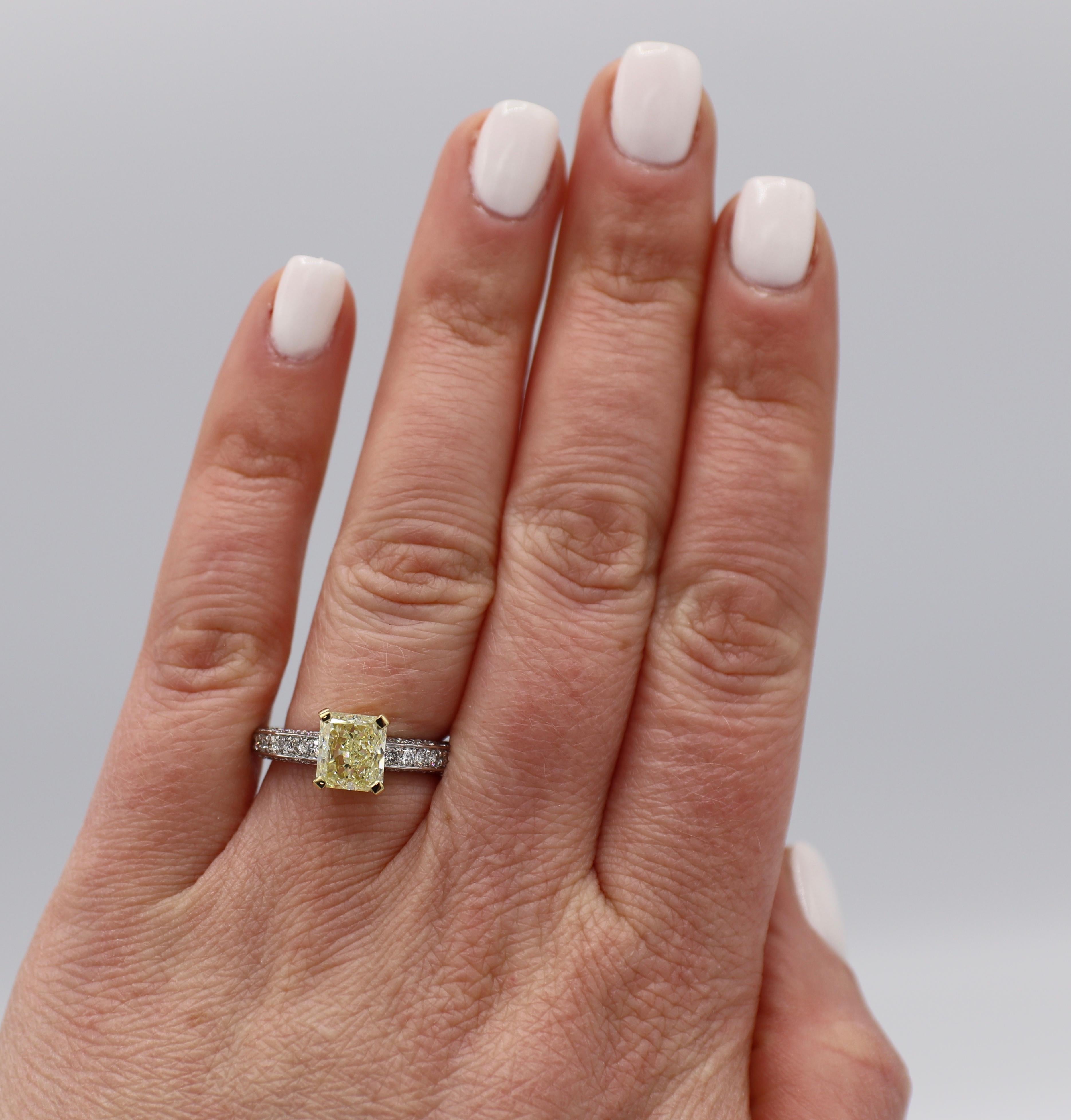 GIA Certified 1.77 Carat Fancy Light Yellow Radiant Diamond Engagement Ring 2