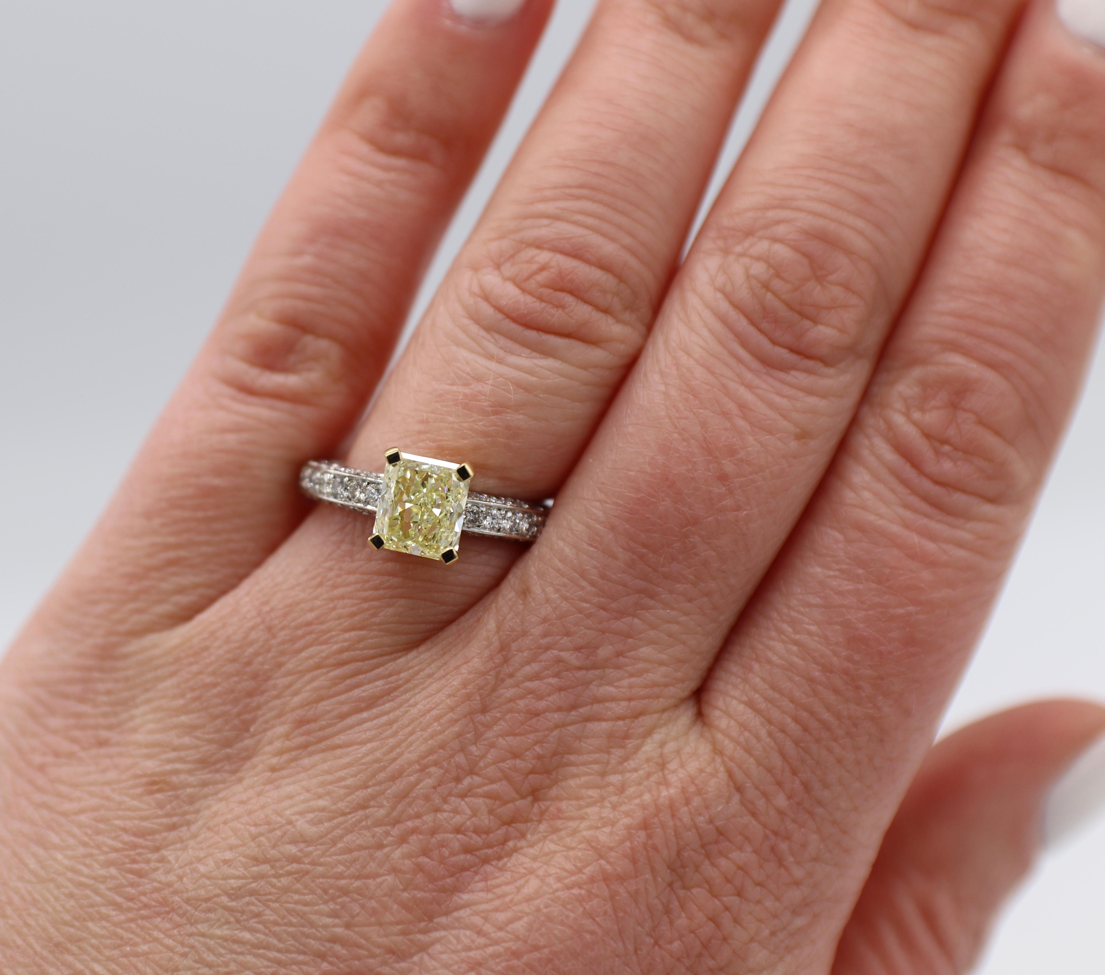 GIA Certified 1.77 Carat Fancy Light Yellow Radiant Diamond Engagement Ring 3