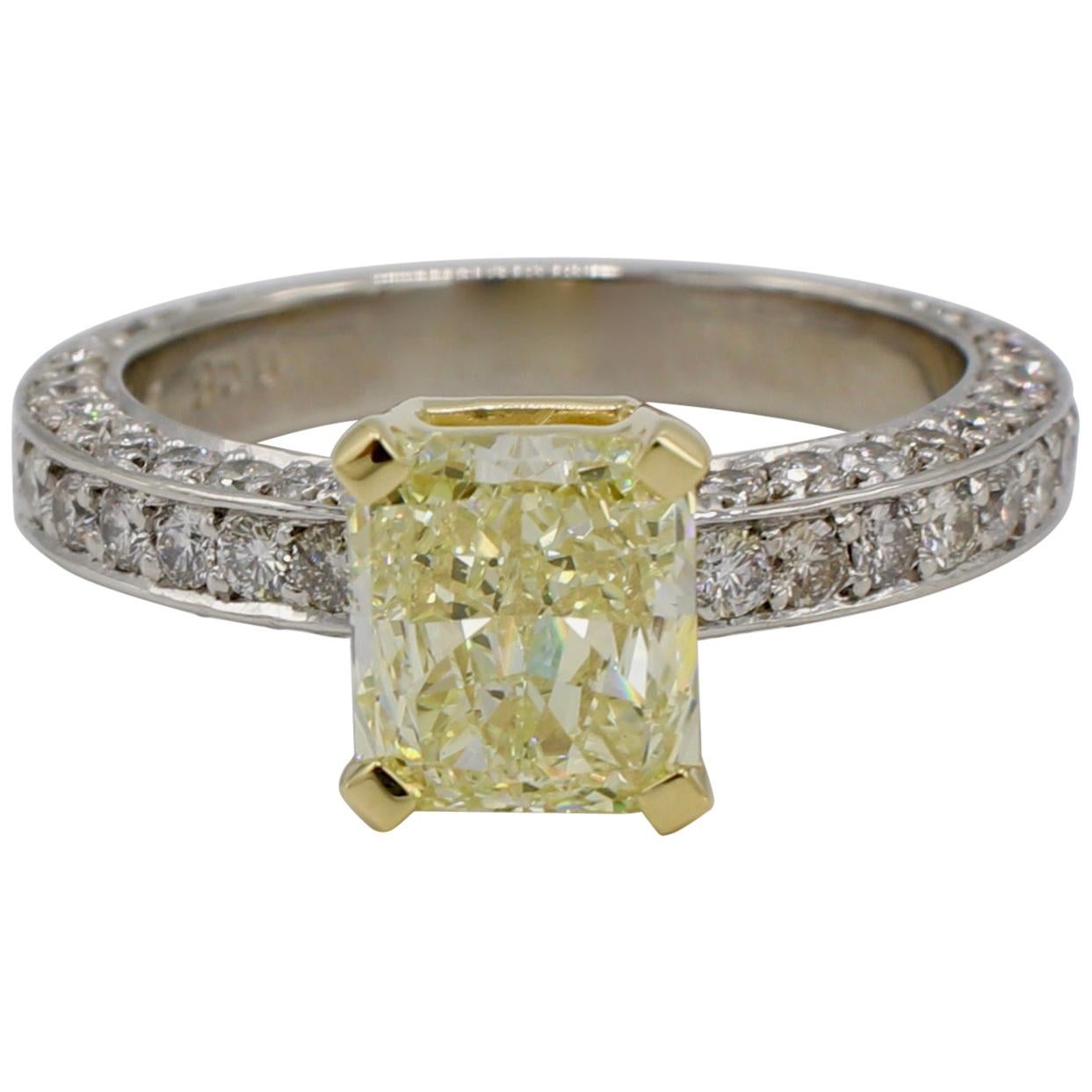 GIA Certified 1.77 Carat Fancy Light Yellow Radiant Diamond Engagement Ring