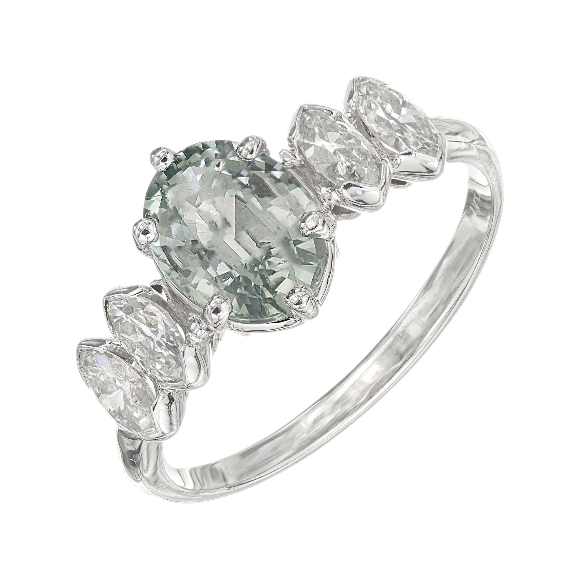 Bague de fiançailles en platine avec saphir vert de 1,77 carat et diamant certifié par le GIA