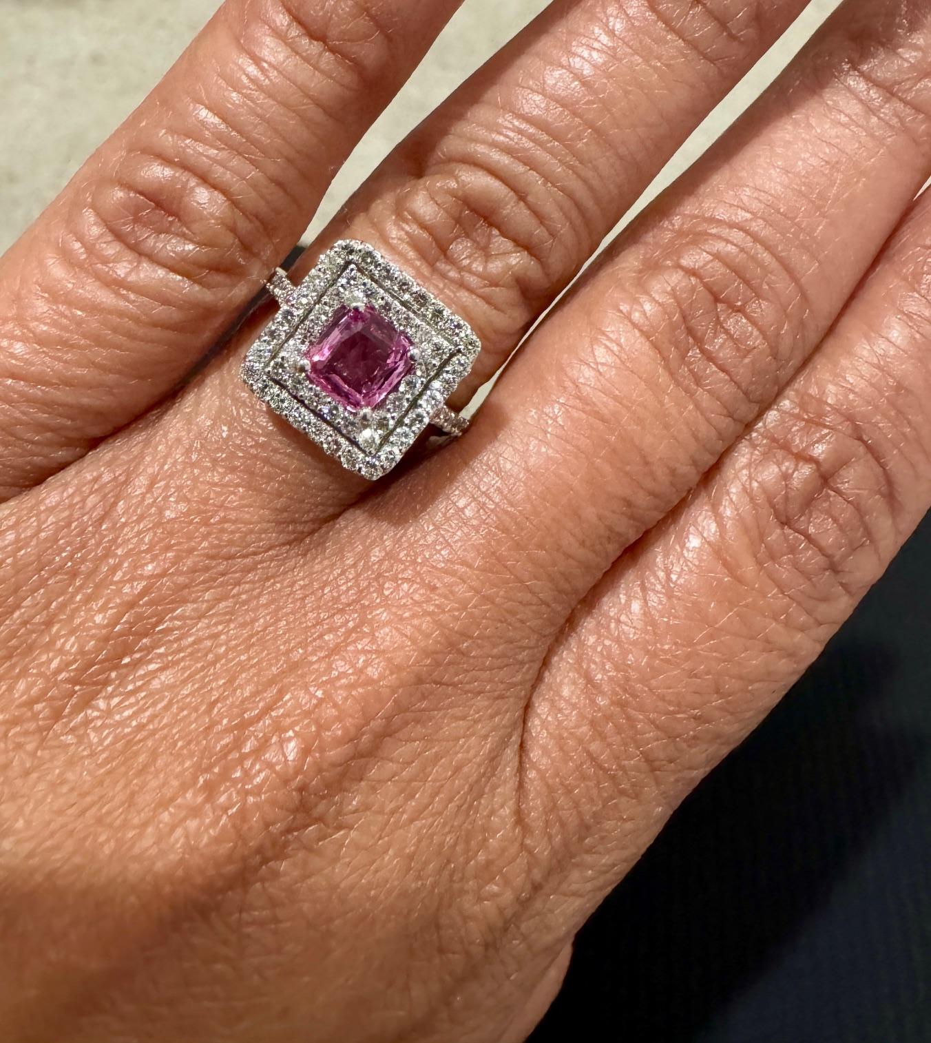 GIA Certified 1.77 Carat Pink Sapphire Diamond White Gold Engagement Ring In New Condition For Sale In Los Angeles, CA