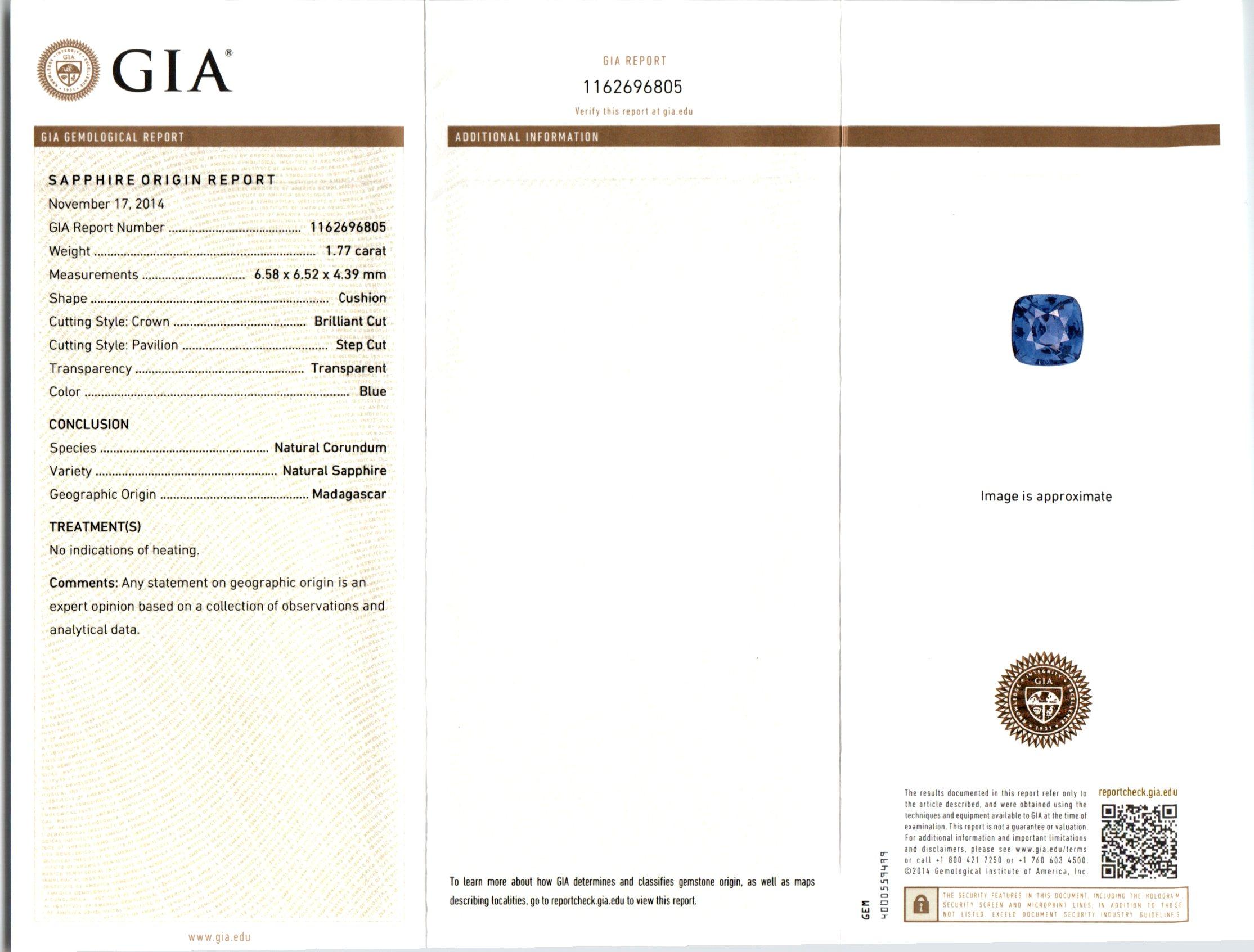Platin-Verlobungsring mit GIA-zertifiziertem 1,77 Karat Saphir und Diamant aus der Mitte des Jahrhunderts  im Zustand „Gut“ im Angebot in Stamford, CT