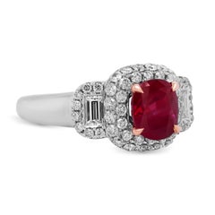 GIA Certified 1.78 Carat No Heat Burma Cushion Cut Ruby Diamond 18K Gold Ring