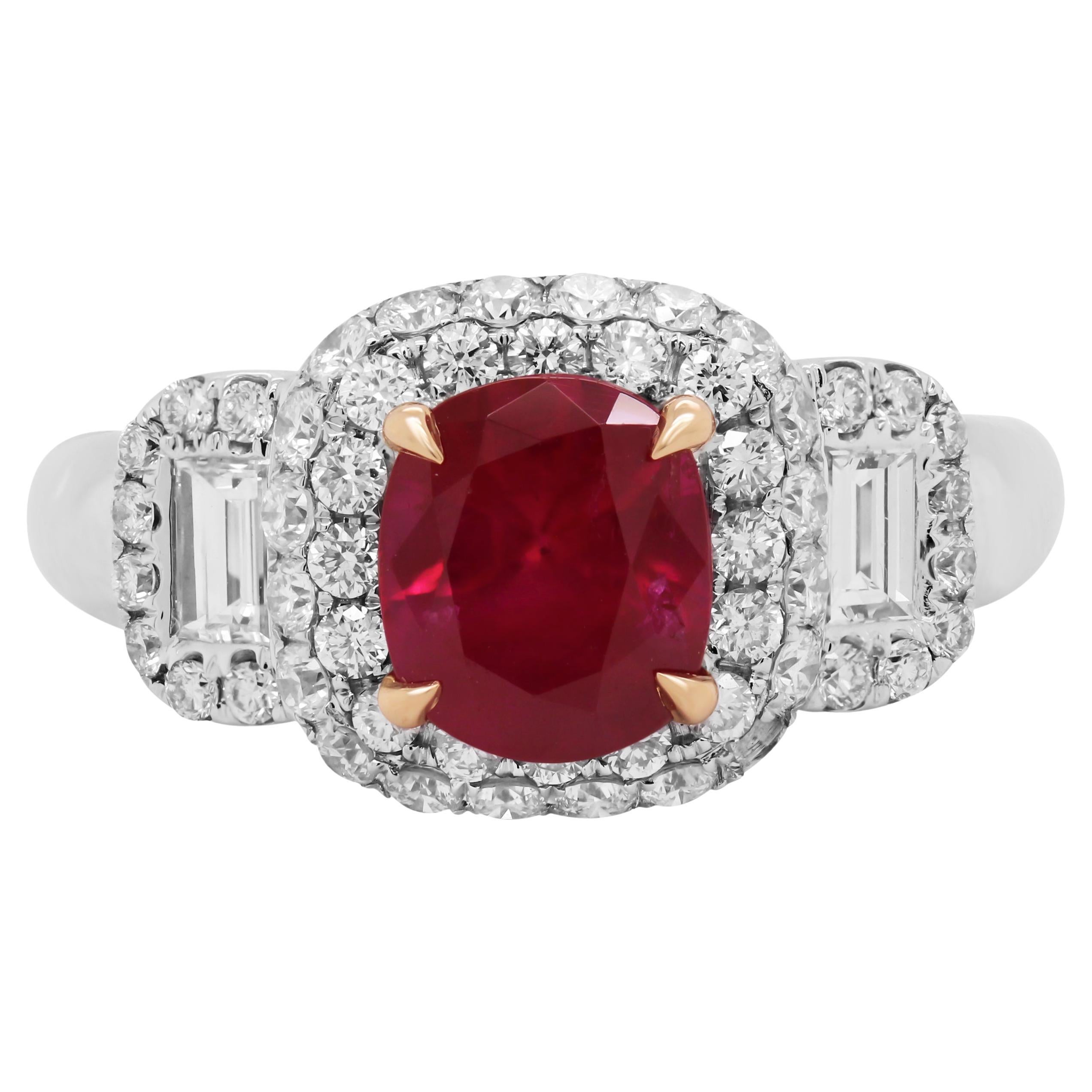 GIA Certified 1.78 Carat No Heat Burma Cushion Cut Ruby Diamond 18K Gold Ring For Sale