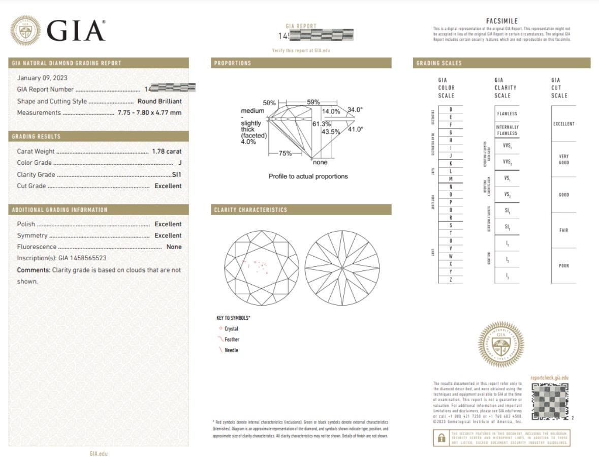 Certifié par la GIA 1,78 carat Brilliante ronde  Diamant naturel (bagues de fiançailles) en vente 1