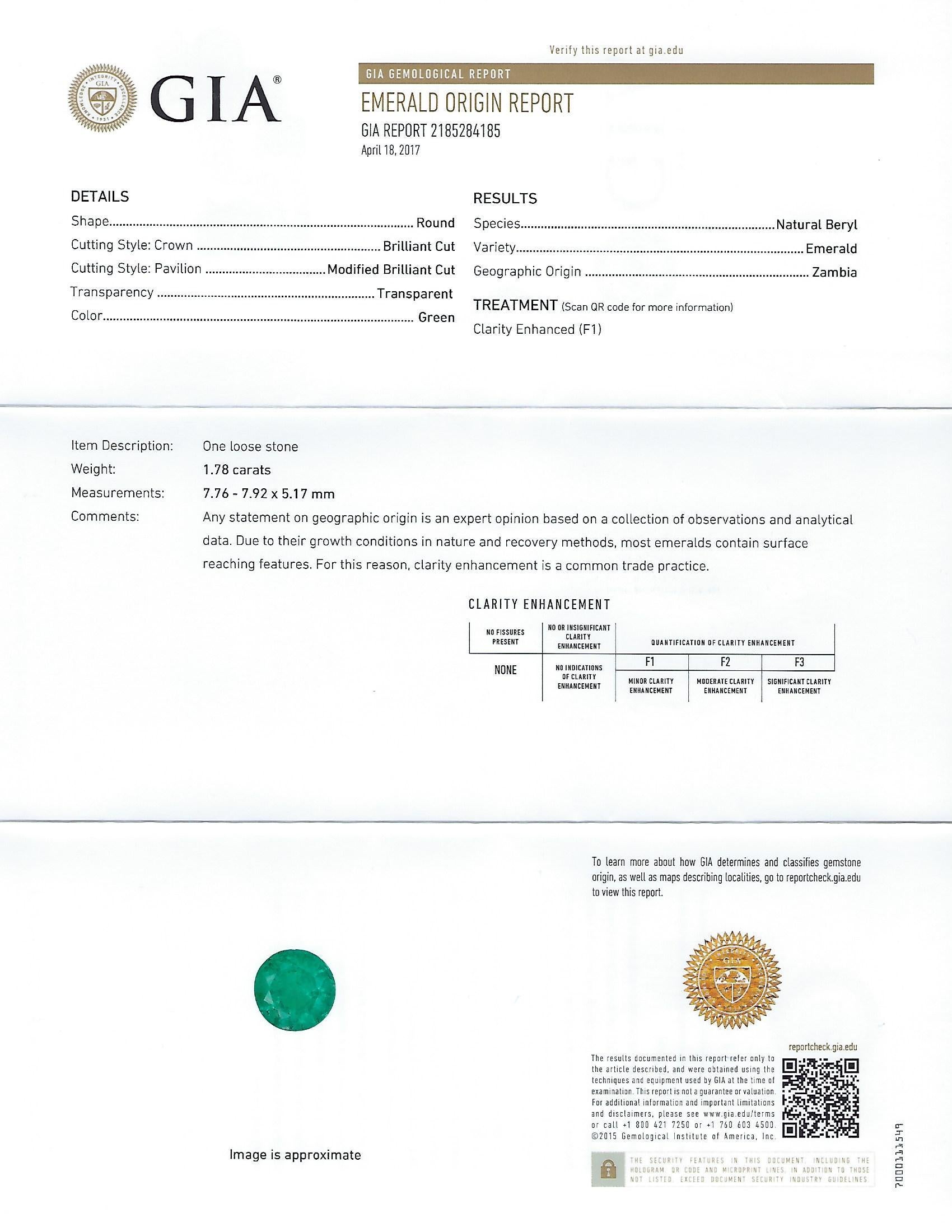 GIA Certified 1.78 Carat Round Emerald Diamond Gold Milgrain Filigree Ring For Sale 6