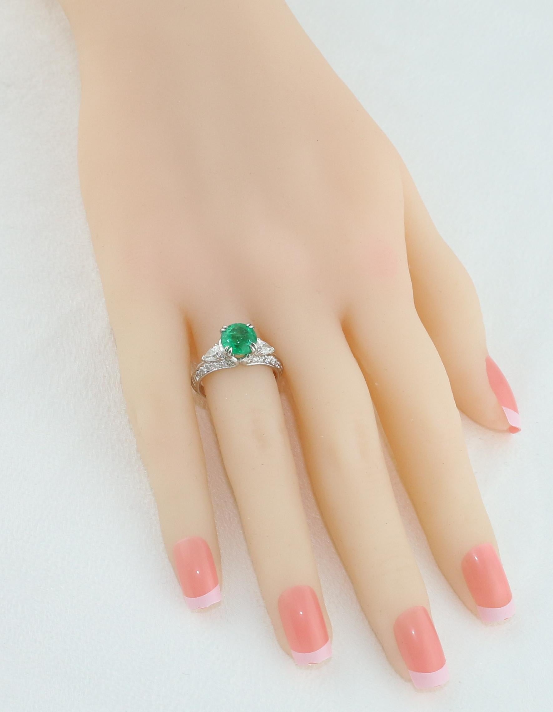 Women's GIA Certified 1.78 Carat Round Emerald Diamond Gold Milgrain Filigree Ring For Sale