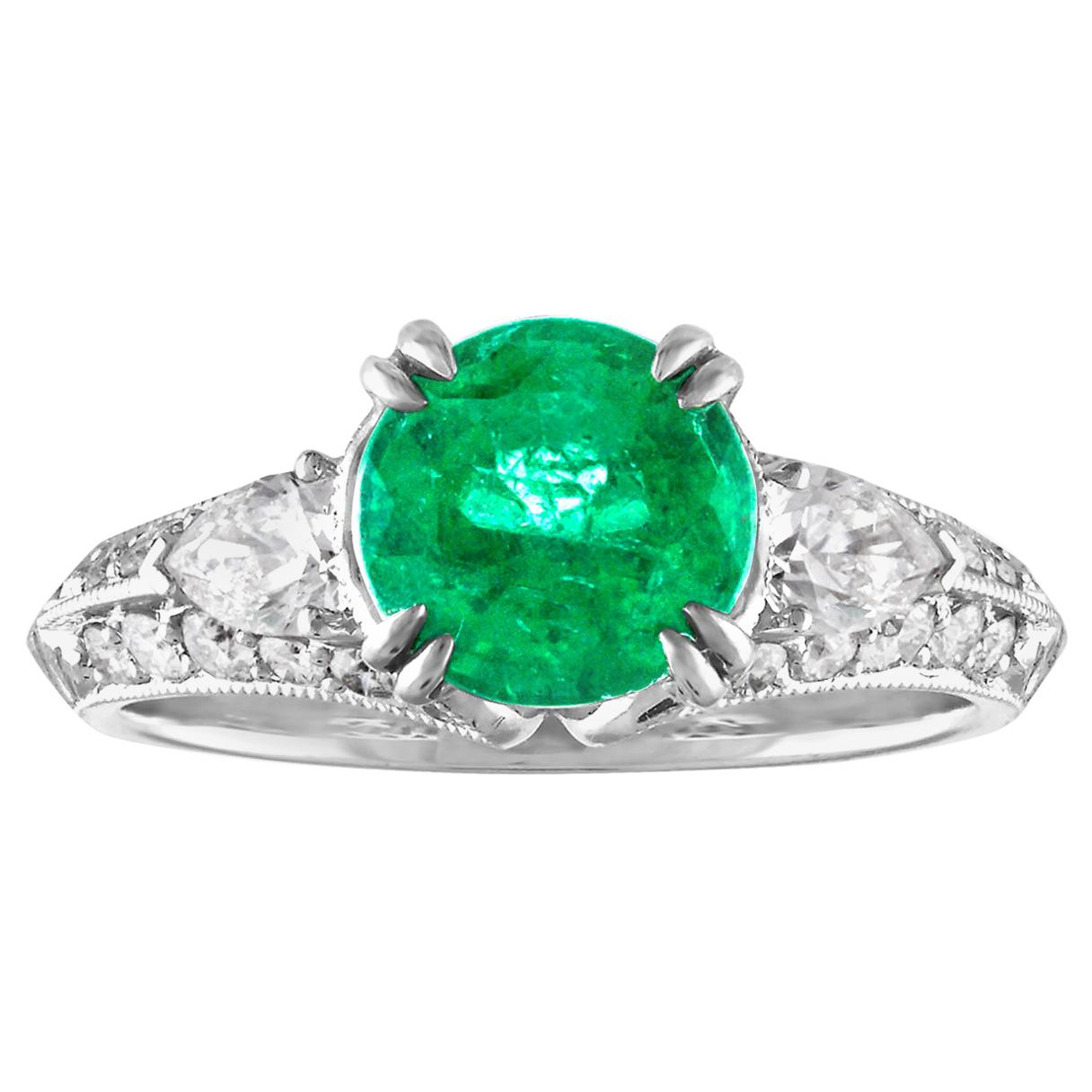 GIA Certified 1.78 Carat Round Emerald Diamond Gold Milgrain Filigree Ring For Sale