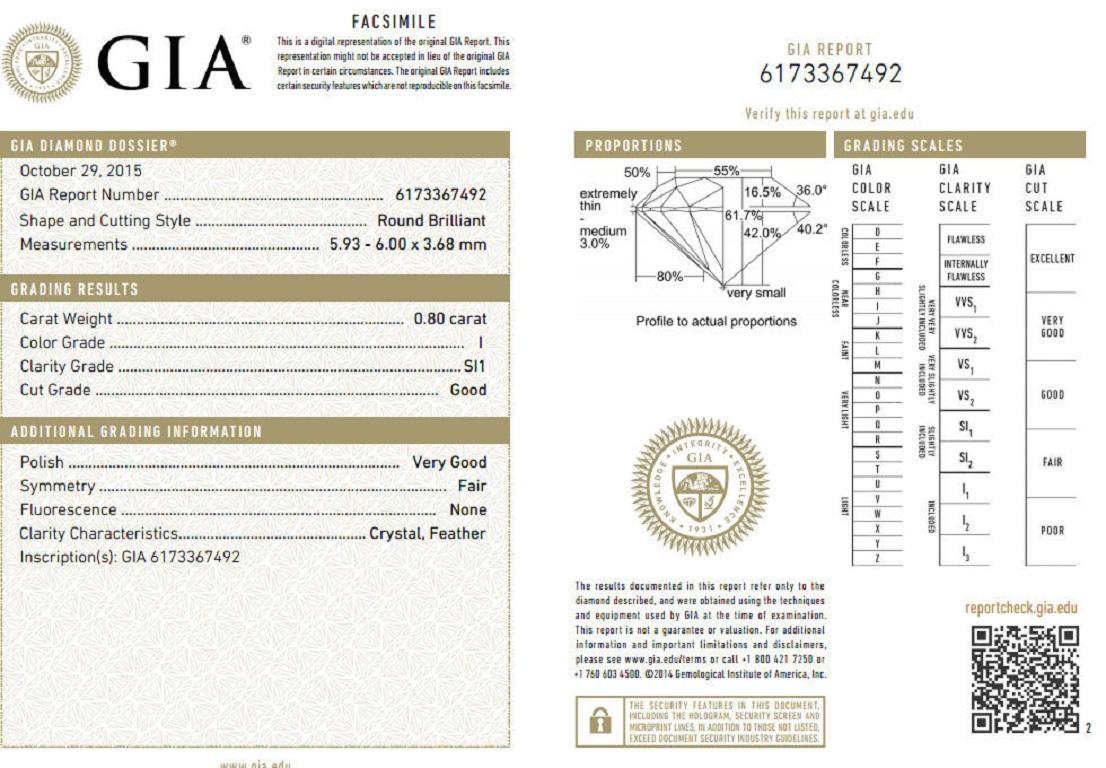 Traditional Round / Baguette  Cathedral

GIA Certified Diamond engagement ring.

.80ct. Natural Round Cut diamond

GIA Certificate:  6173367492

I color Si-1 clarity 

5.93 X 6.00 X 3.68mm

(Please see report copy attached)

.98ct Side baguette