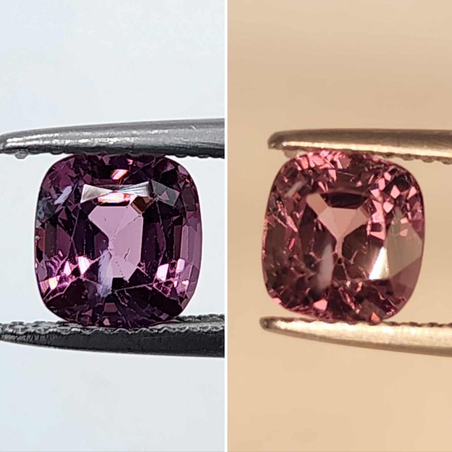 This pretty Purple-Pink spinel  Cushion cut , weighs 1.79 carats and would make a beautiful 3-stone ring, though its shape lends itself to a variety of possibilities! It measures 6.80 x 6.45 x 4.79 millimeters, is eye clean, brilliant, and