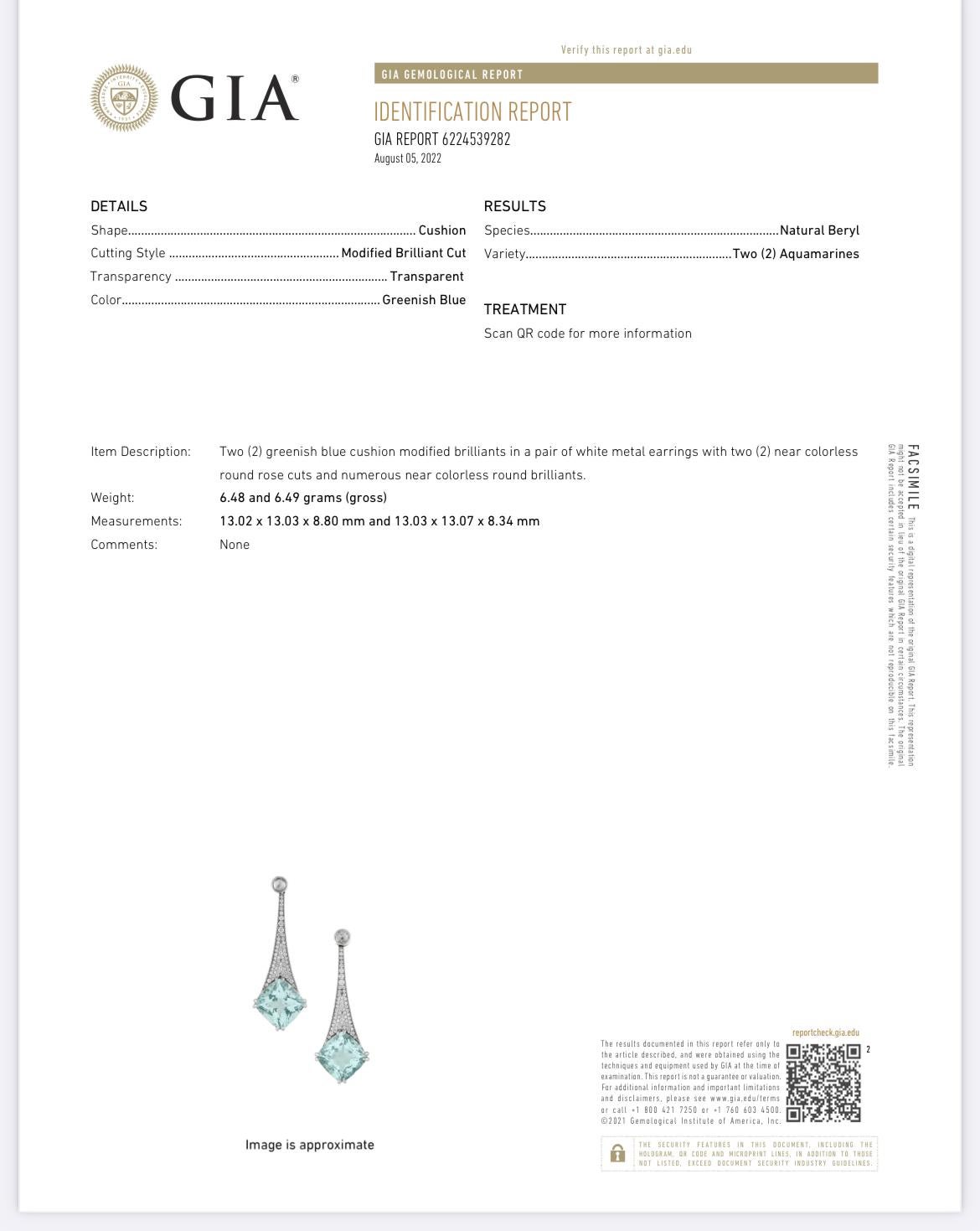 17.96ct cushion Aquamarine and 1.20ct Diamond, 18K white gold earrings.  In New Condition For Sale In Los Angeles, CA