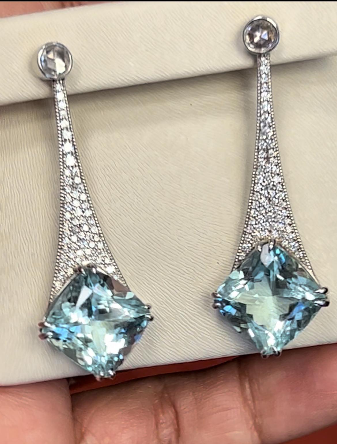 Women's 17.96ct cushion Aquamarine and 1.20ct Diamond, 18K white gold earrings.  For Sale