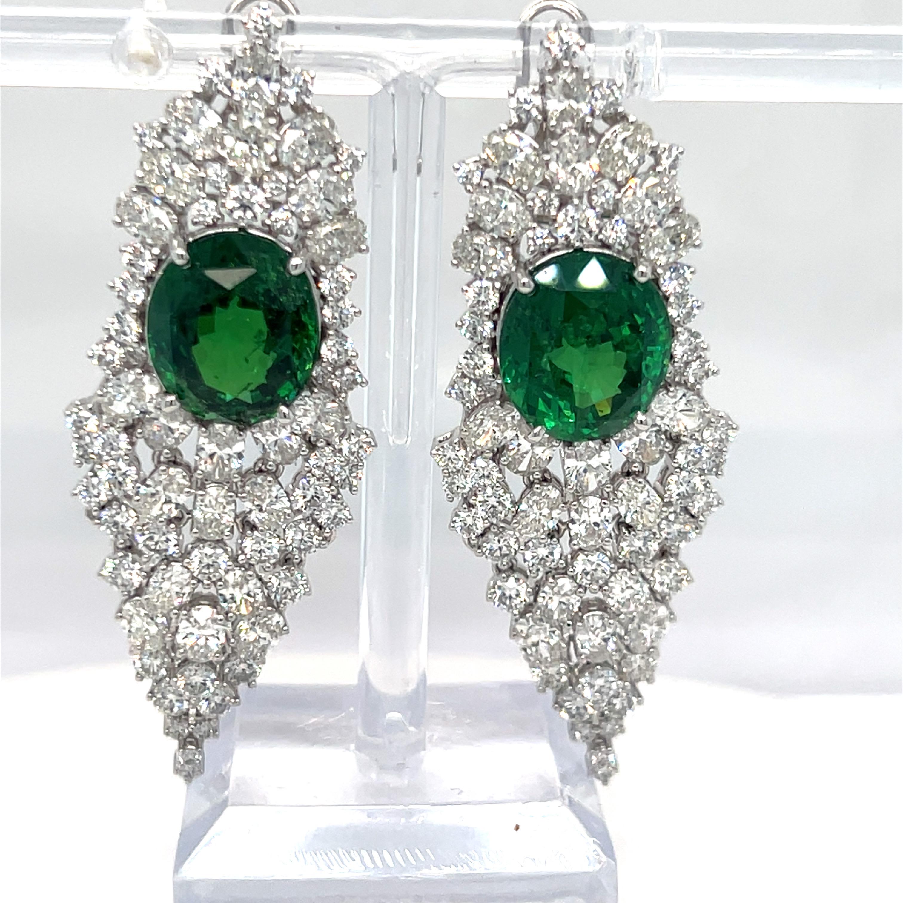 GIA Certified 17.97 Carat Oval Cut Tsavorite Garnet Diamond Dangling Earrings In New Condition For Sale In Trumbull, CT