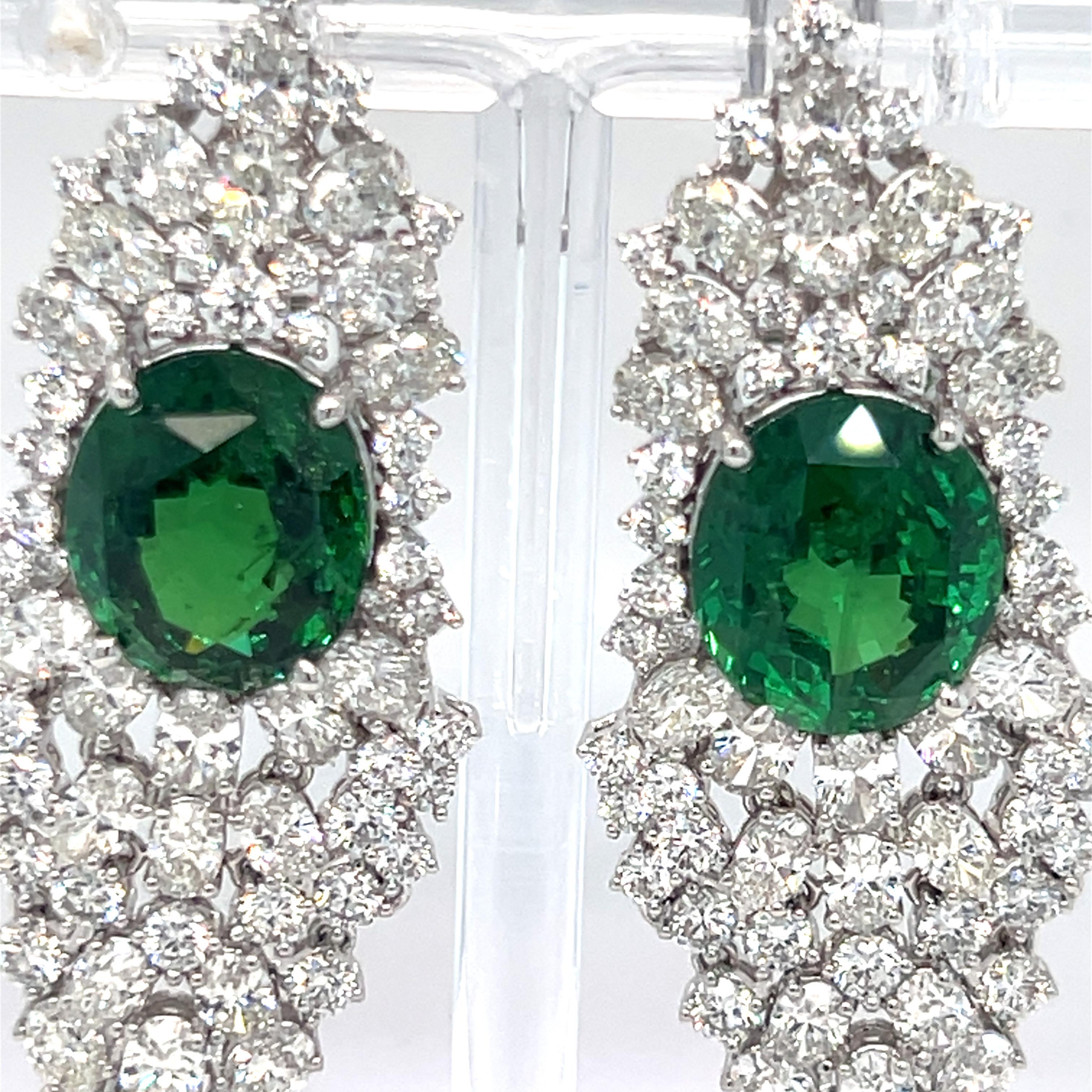 GIA Certified 17.97 Carat Oval Cut Tsavorite Garnet Diamond Dangling Earrings For Sale 1