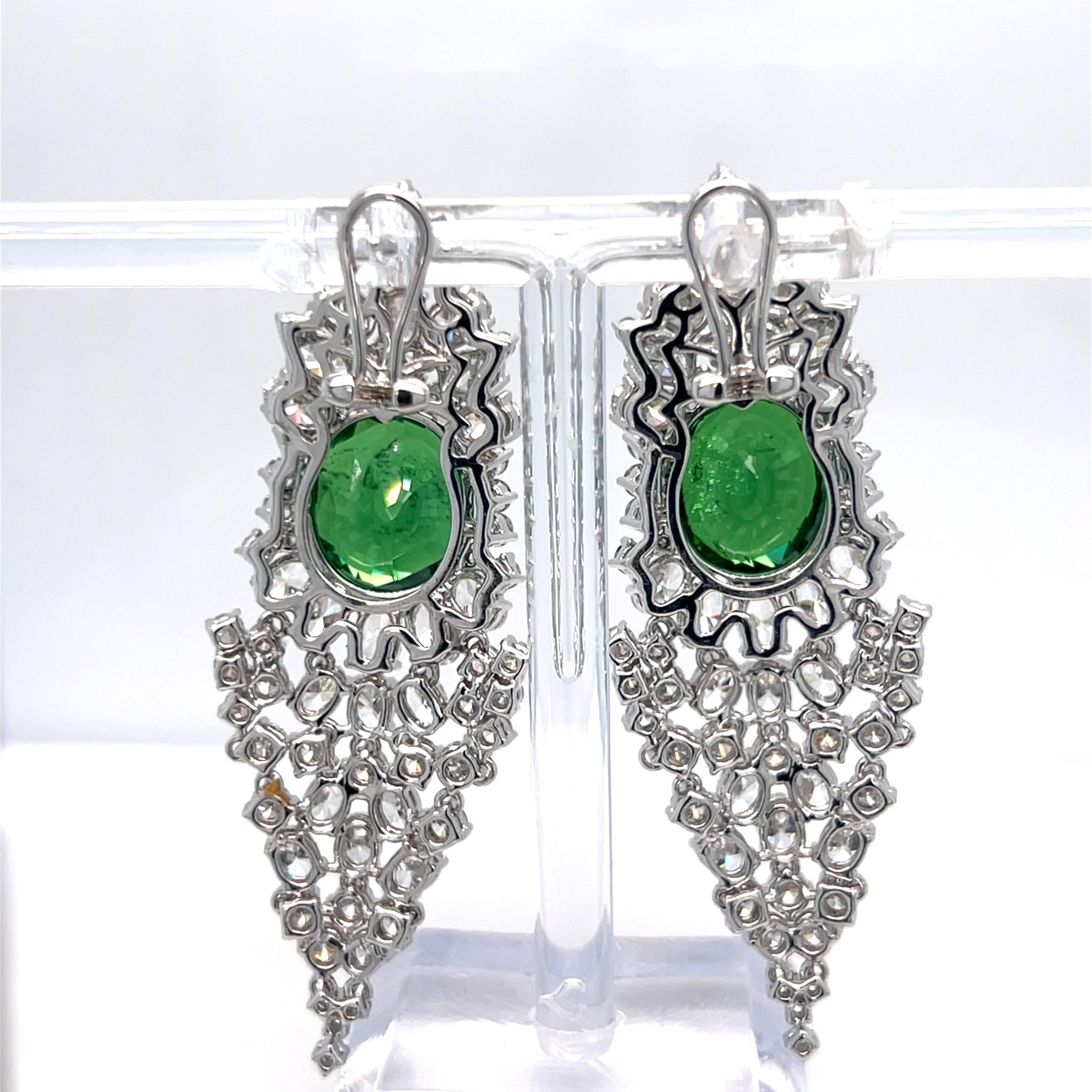 GIA Certified 17.97 Carat Oval Cut Tsavorite Garnet Diamond Dangling Earrings For Sale 2