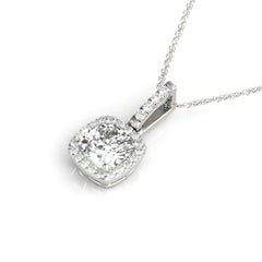 GIA Certified 1.7ct Cushion Diamond Halo White Gold Pendant Necklace