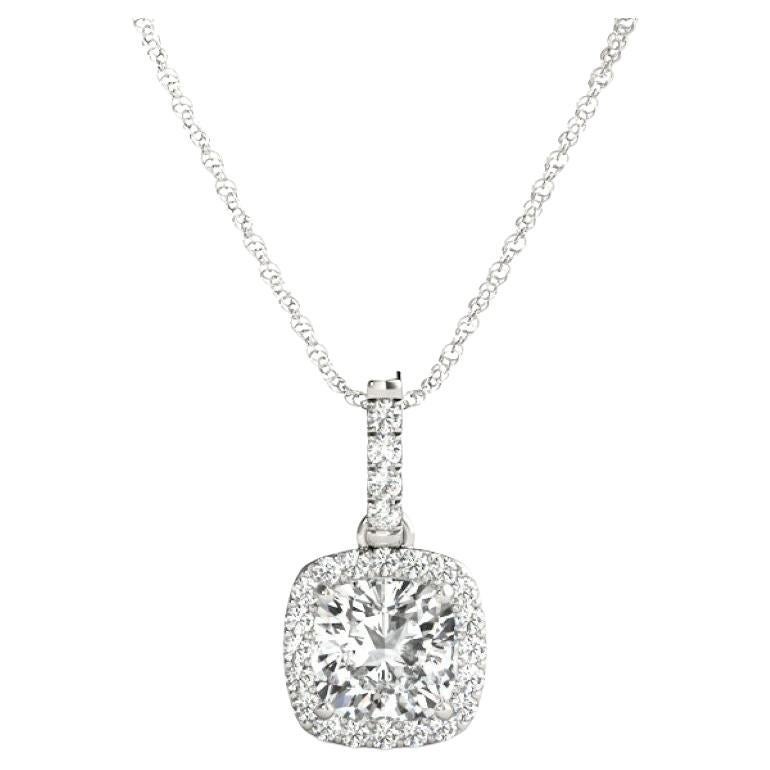 GIA Certified 1.7ct Cushion Diamond Halo White Gold Pendant Necklace