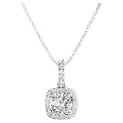 GIA Certified 1.7ct Cushion Diamond Halo White Gold Pendant Necklace